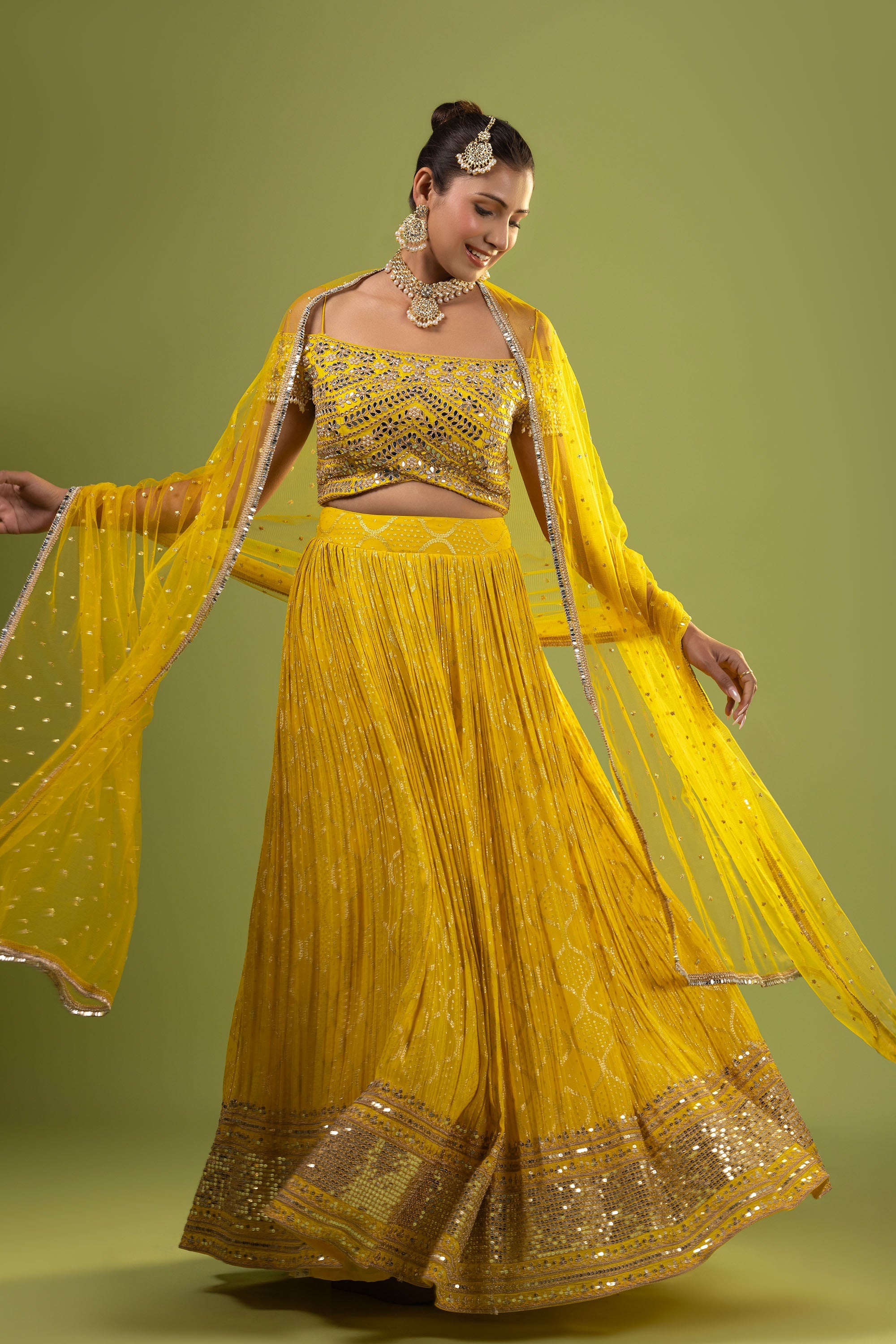 Yellow georgette crop top with skirt