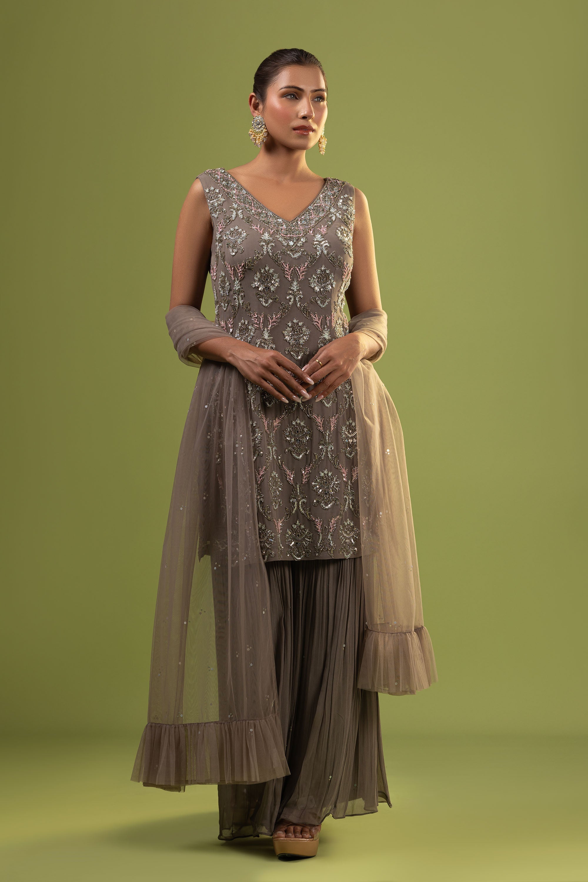 Grey suit with sharara in cutdana