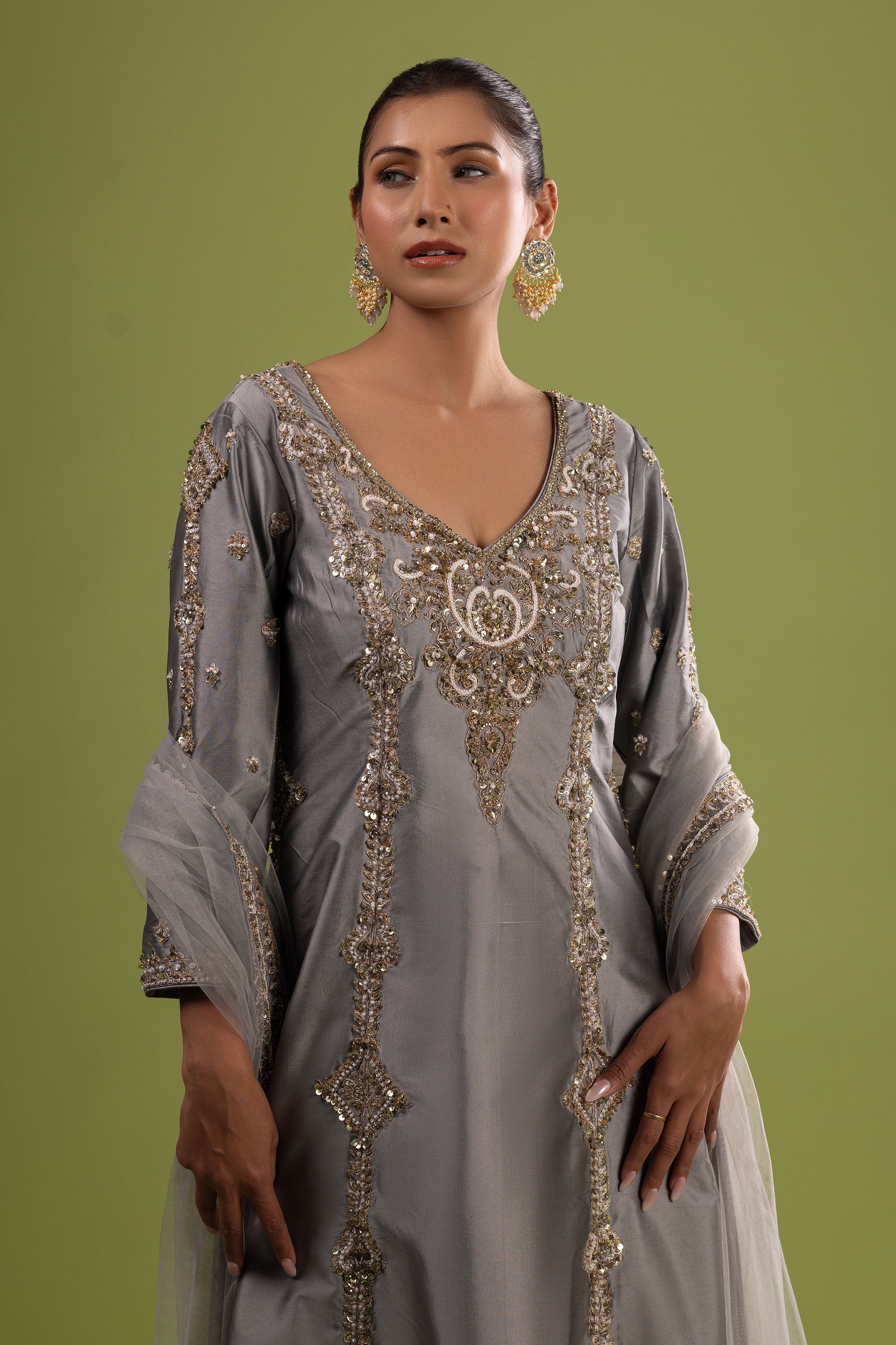 Grey short anarkali with sharara