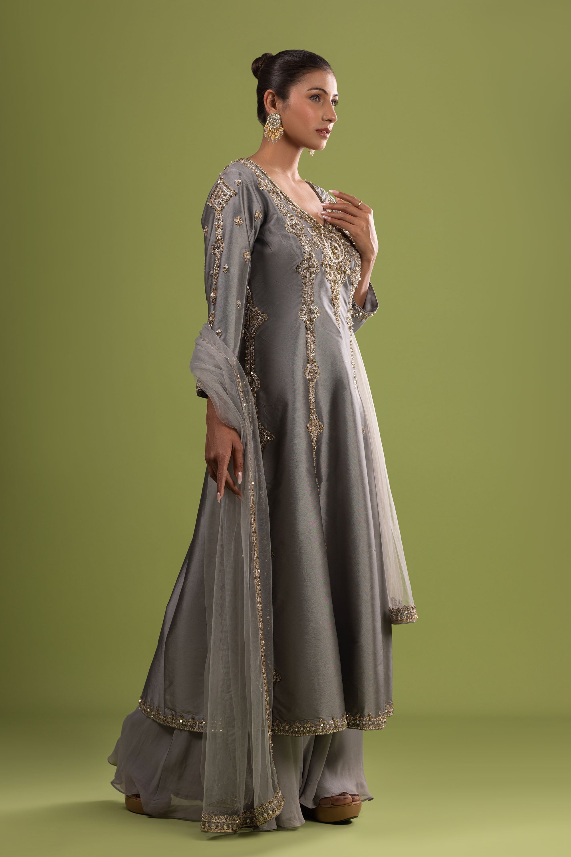 Grey short anarkali with sharara