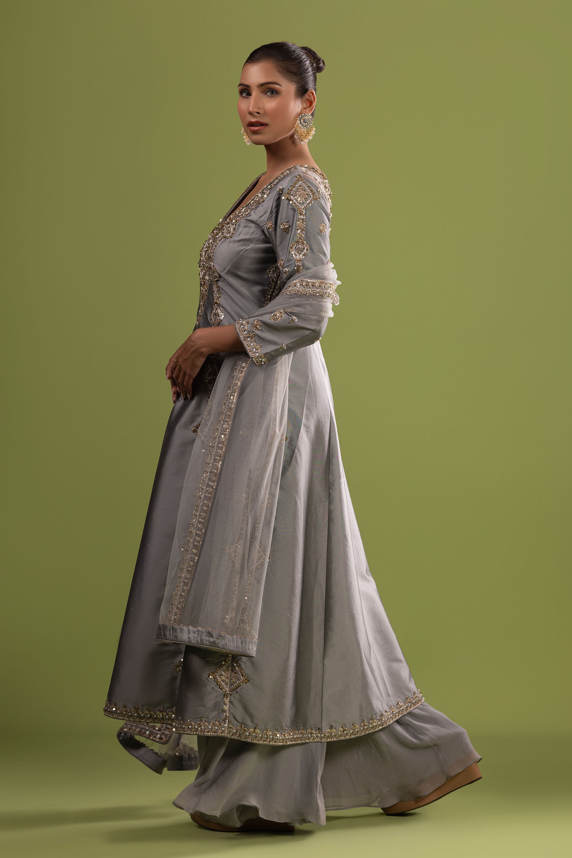 Grey short anarkali with sharara