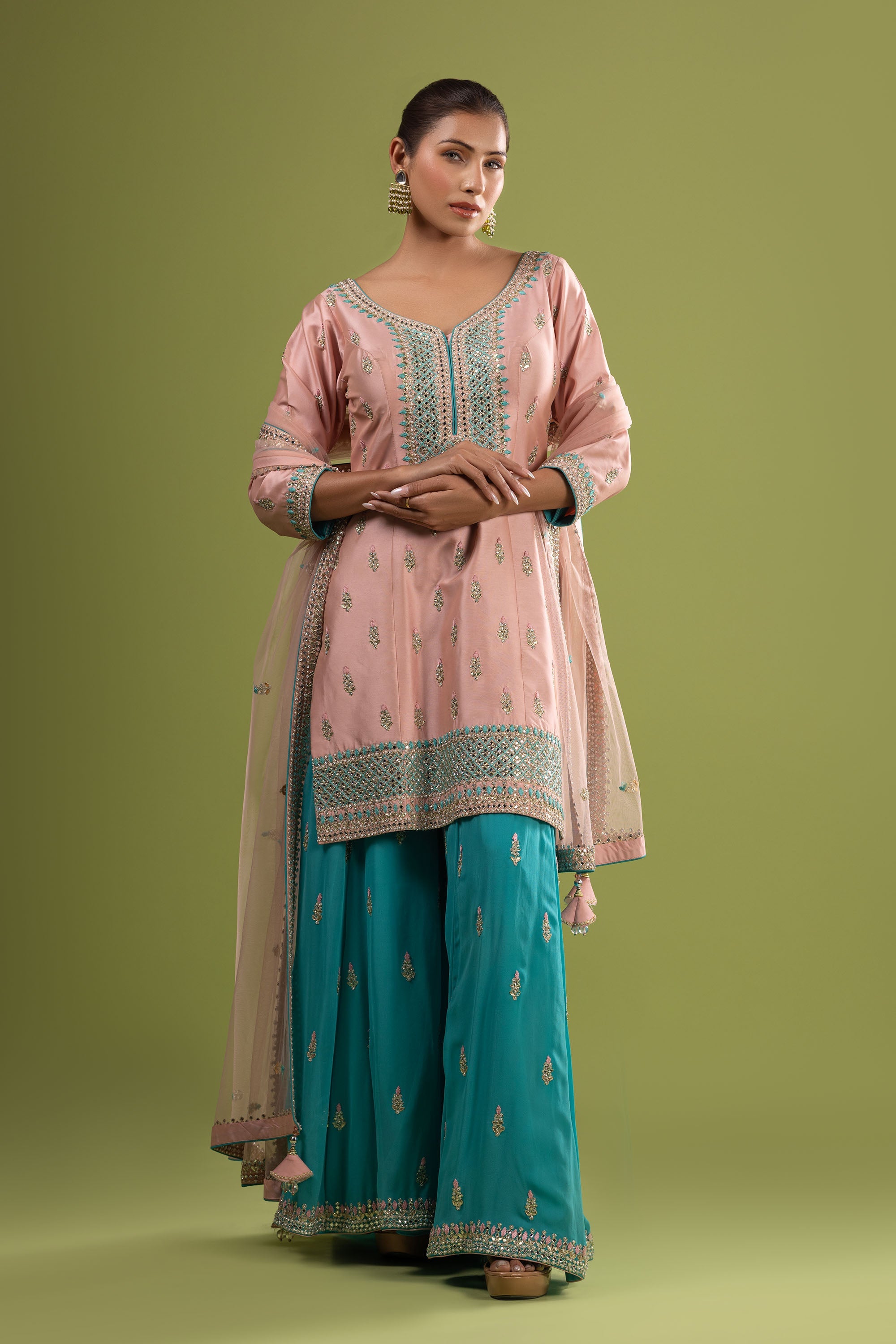 Firozi pink classic silk suit with gota