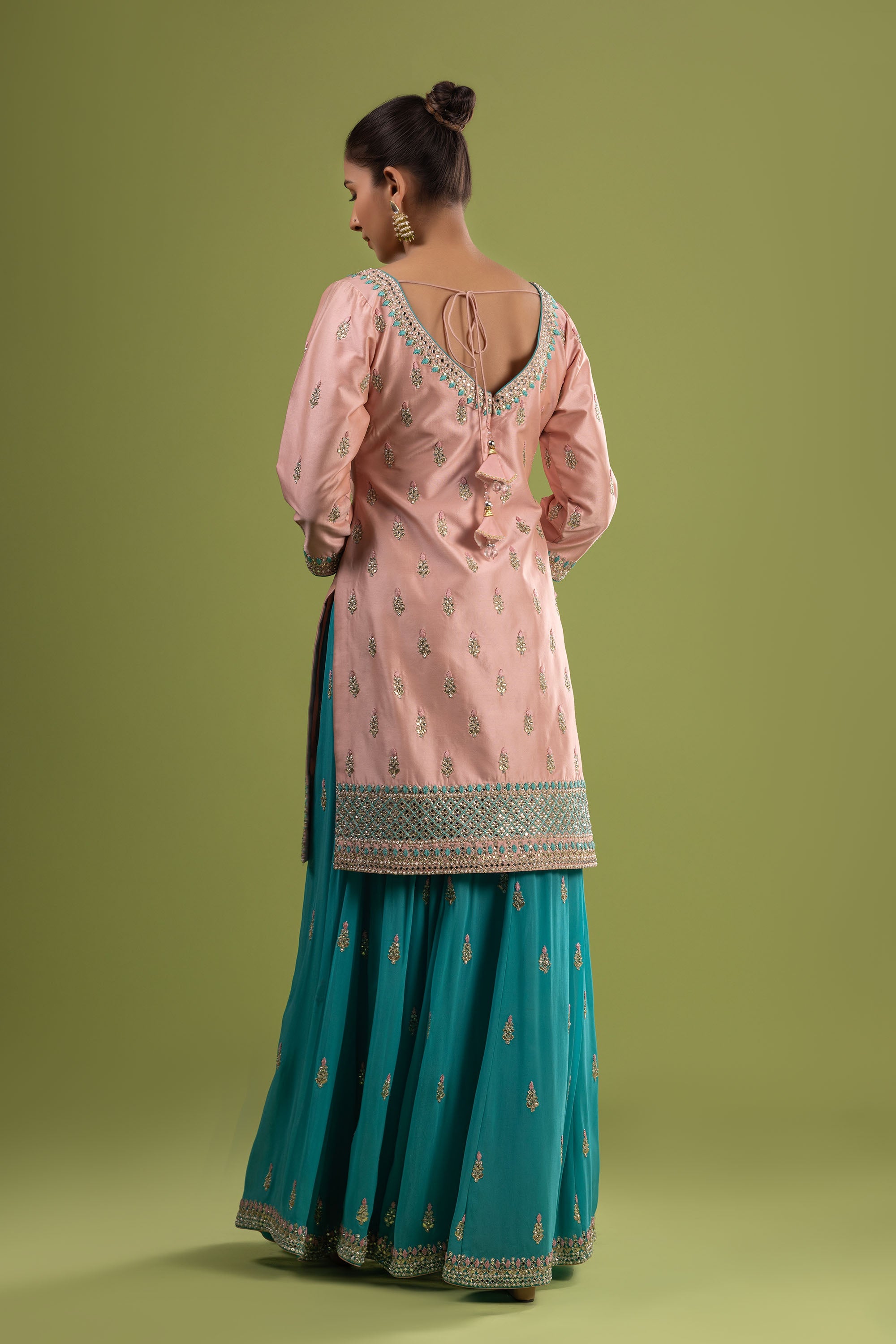 Firozi pink classic silk suit with gota