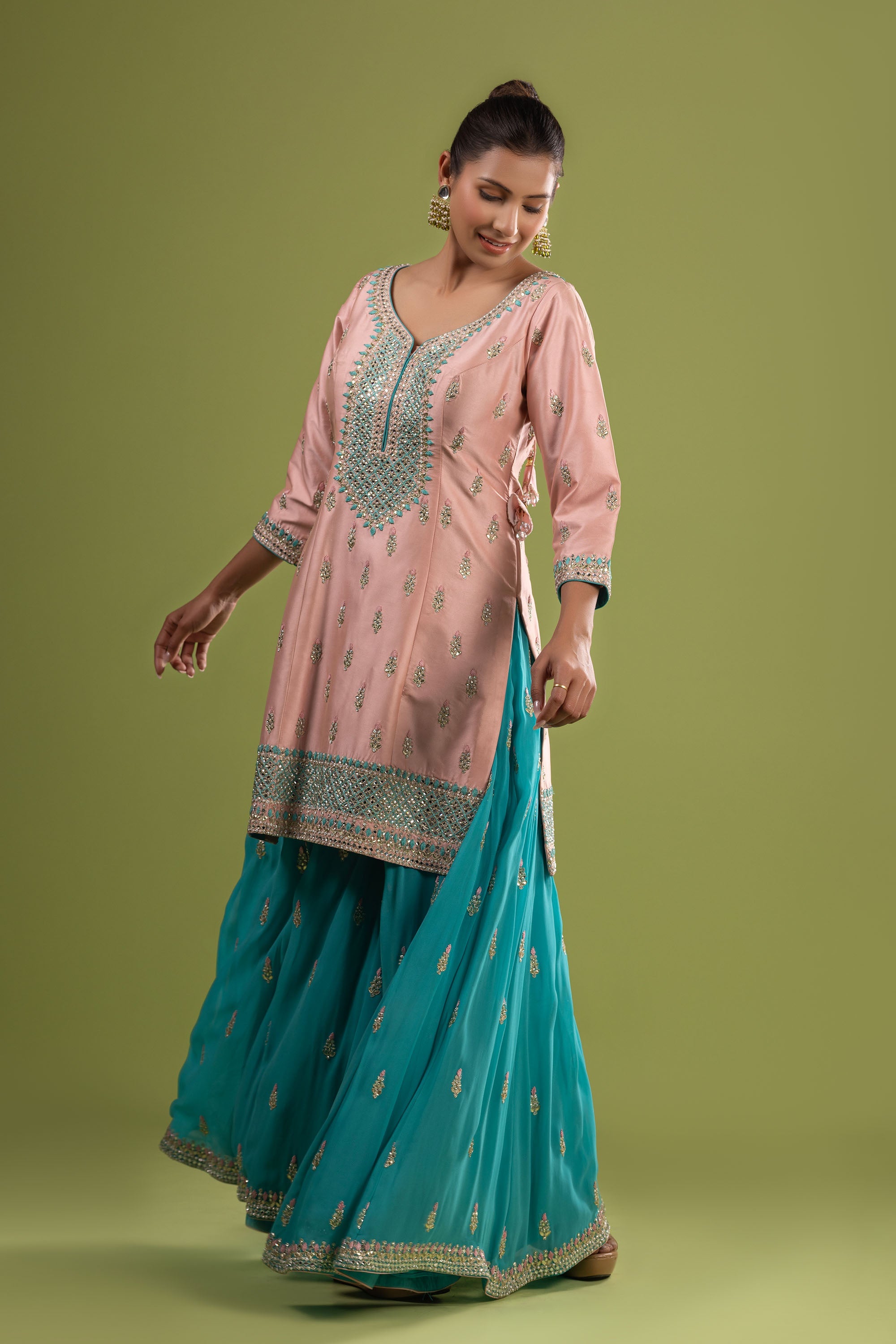Firozi pink classic silk suit with gota
