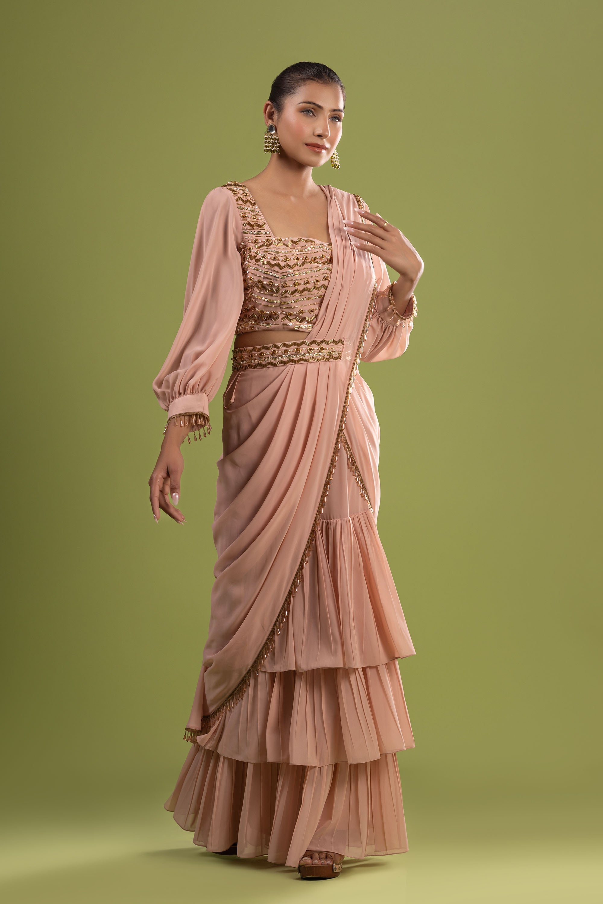 Peach drape saree with crystal