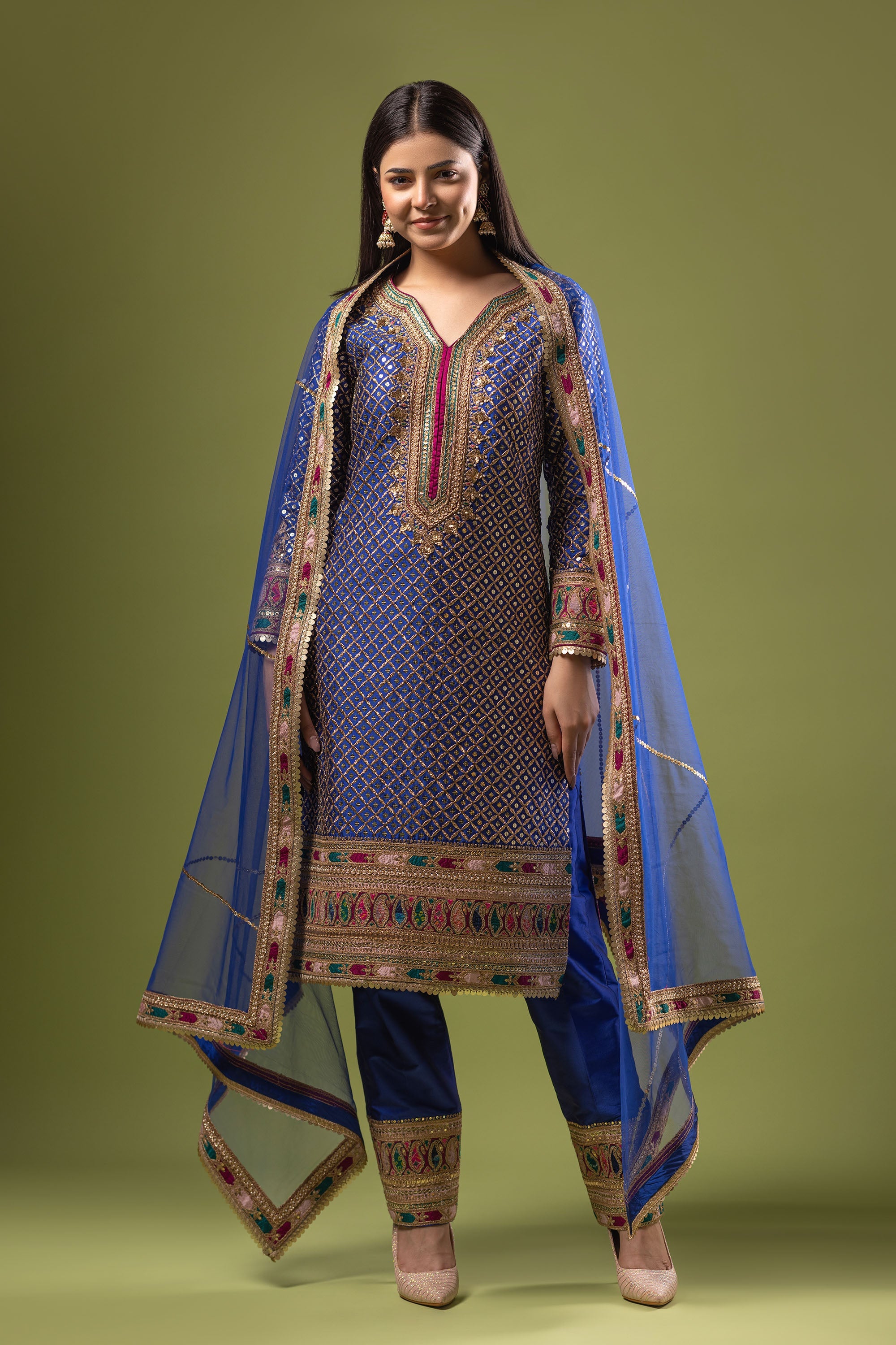 Royal blue silk suit with multi embroidery