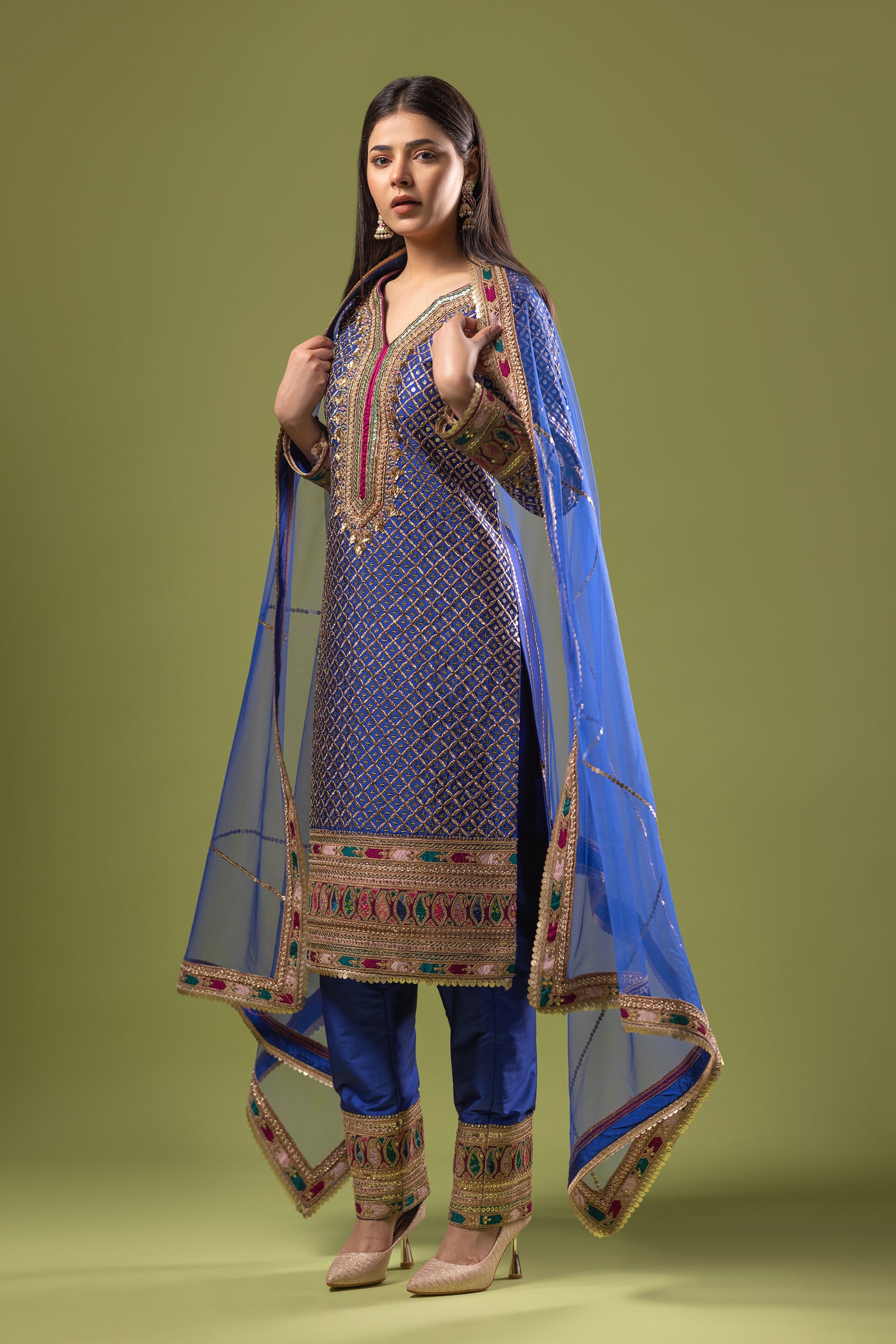 Royal blue silk suit with multi embroidery