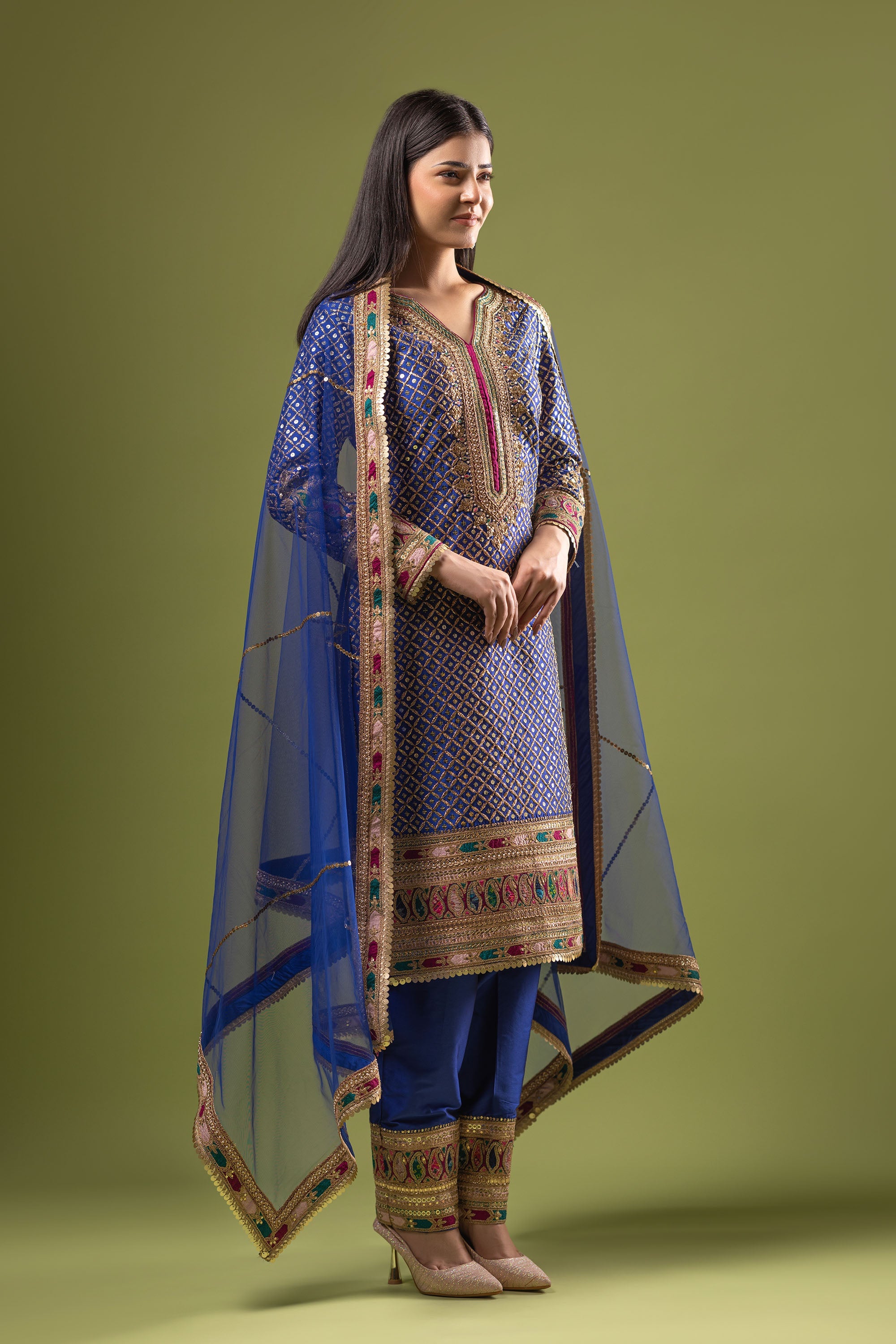 Royal blue silk suit with multi embroidery