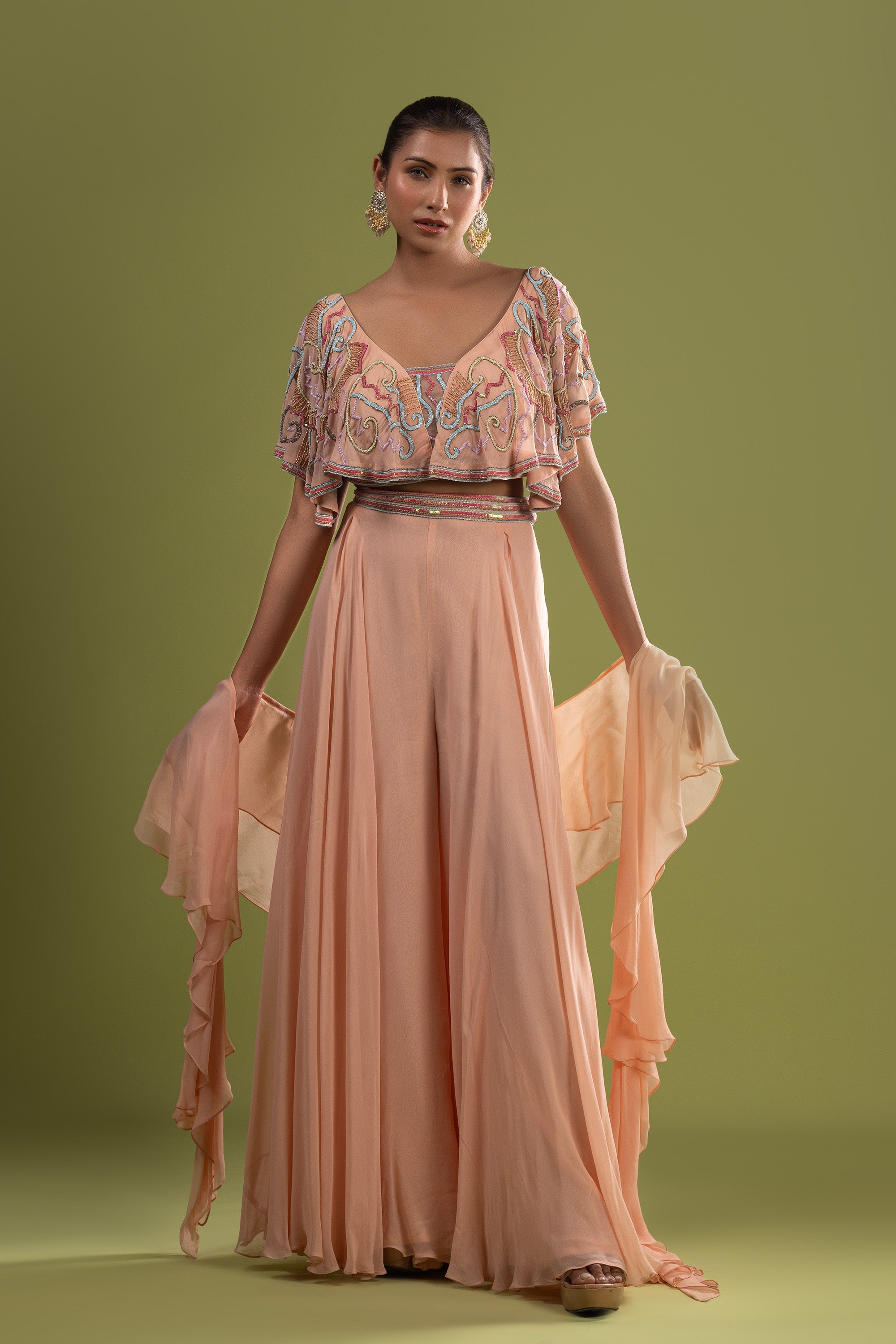 Peach georgette crop top with sharara