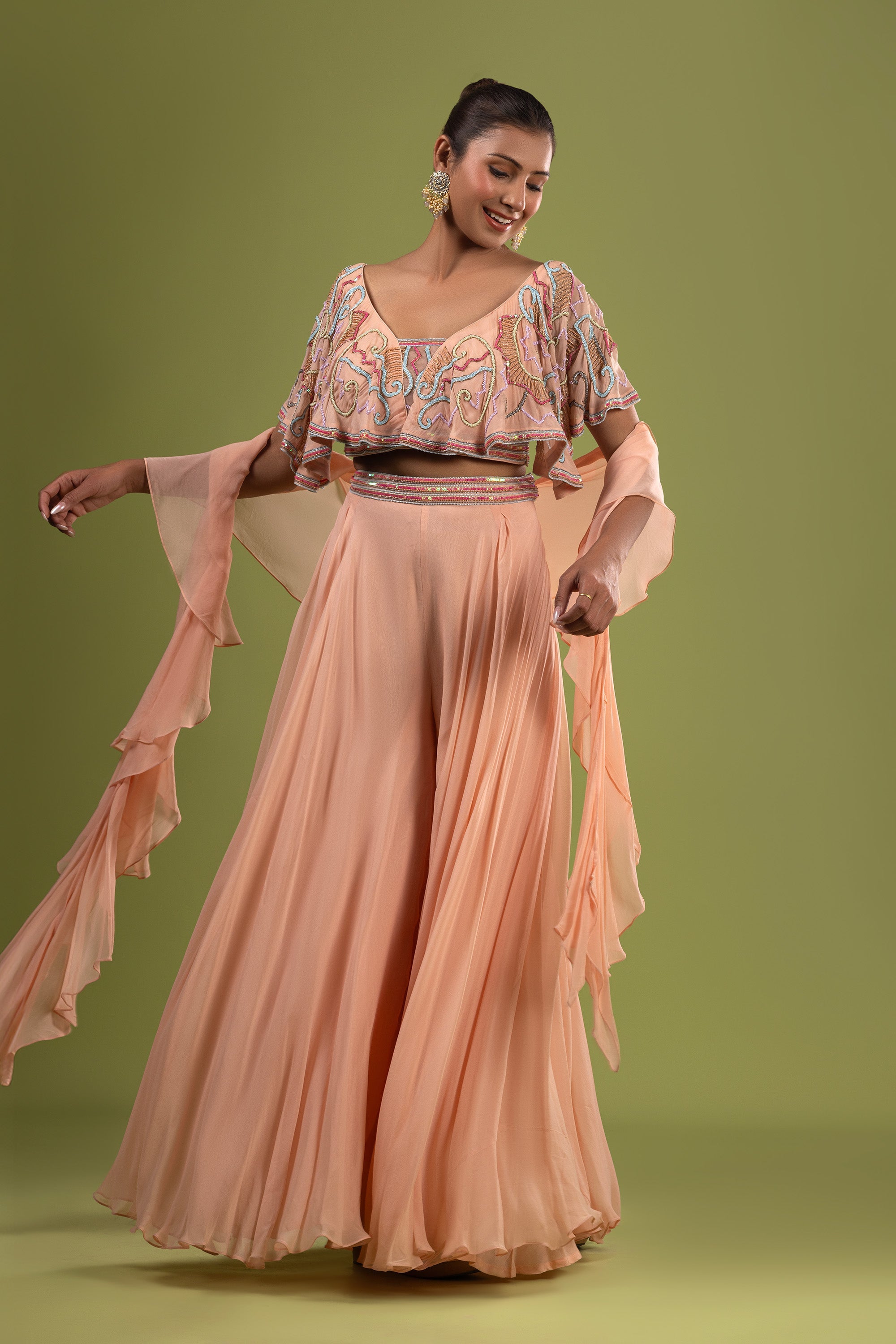 Peach georgette crop top with sharara
