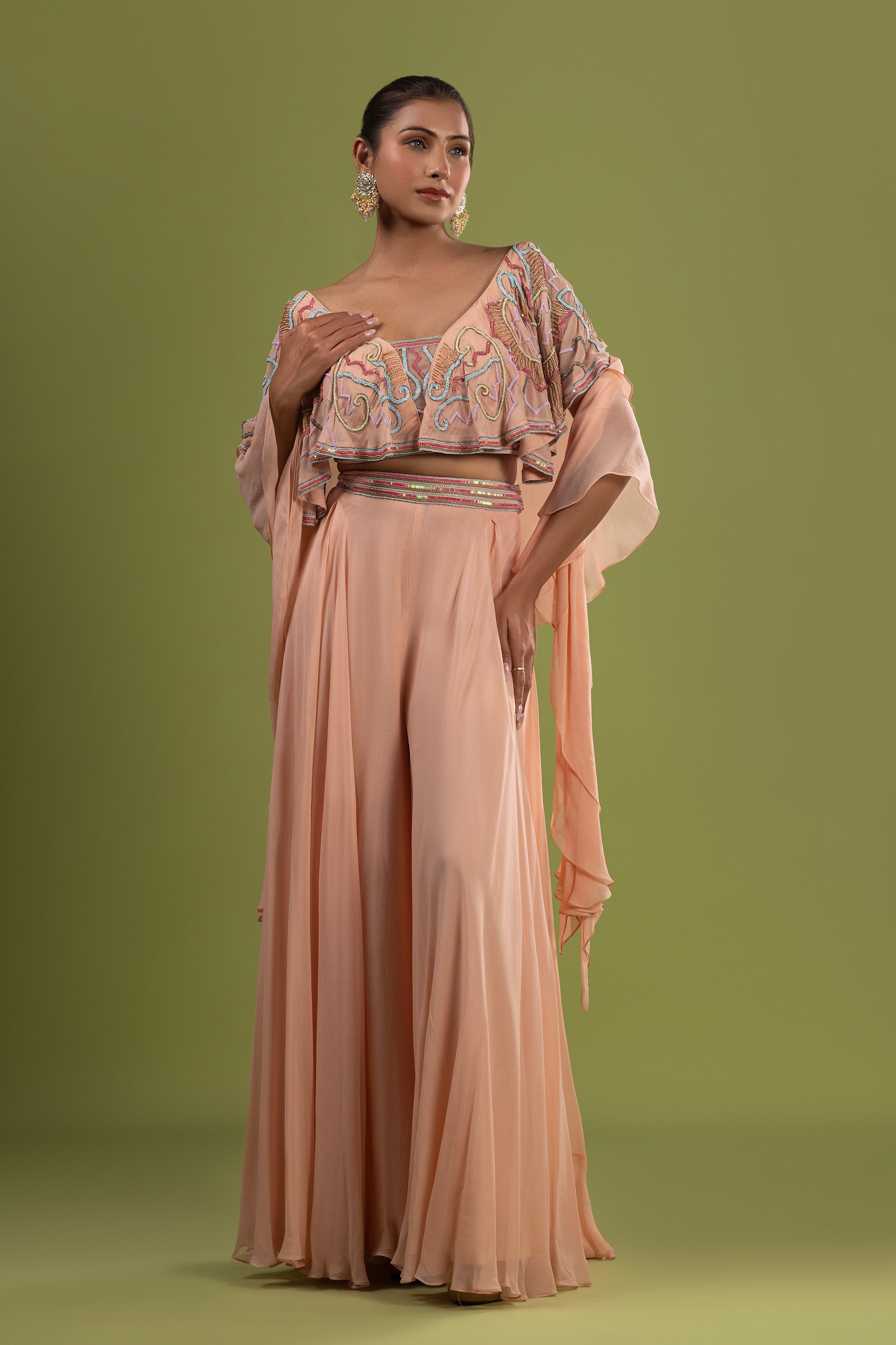 Peach georgette crop top with sharara