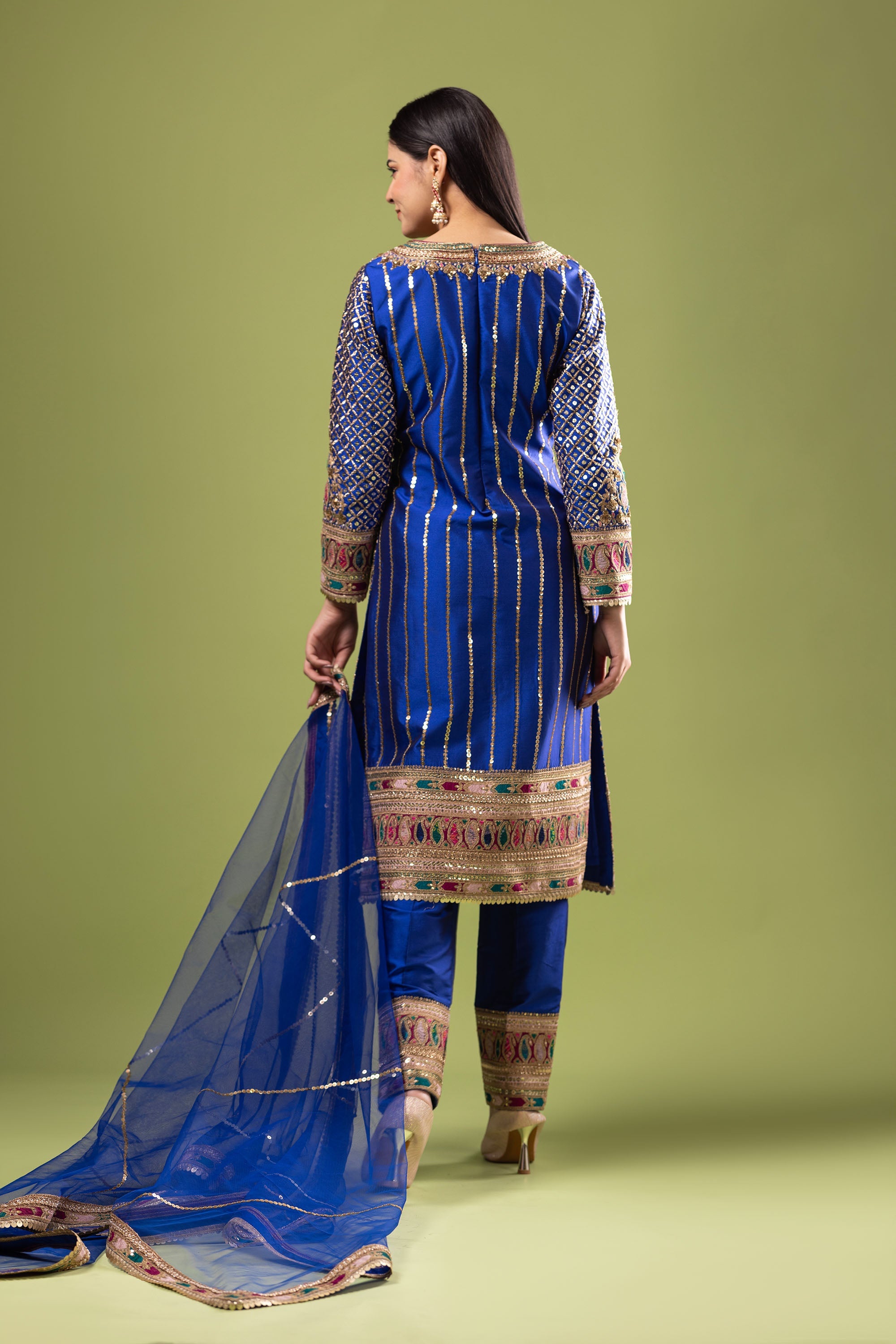 Royal blue silk suit with multi embroidery