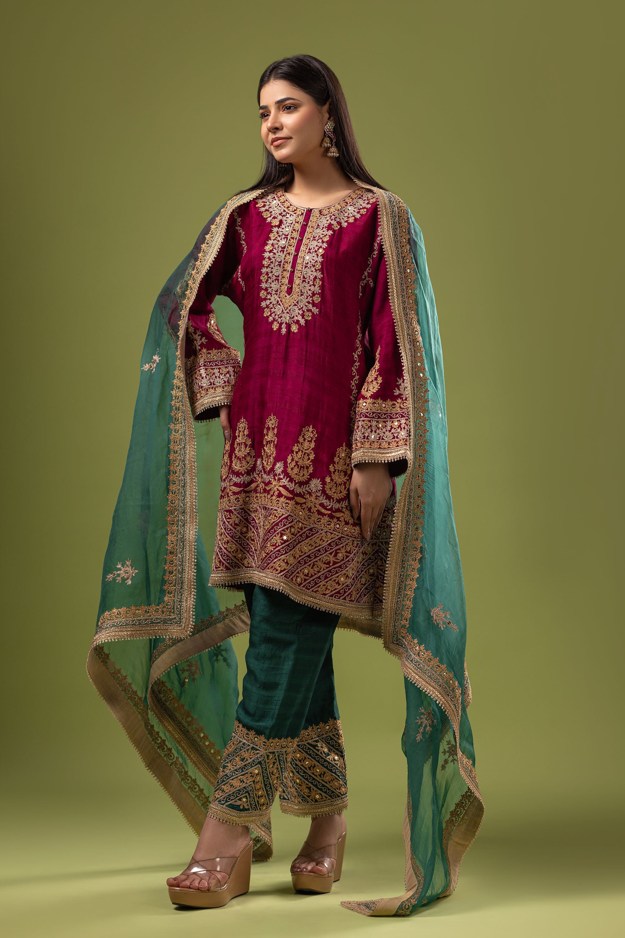 Maroon and green raw silk suit set