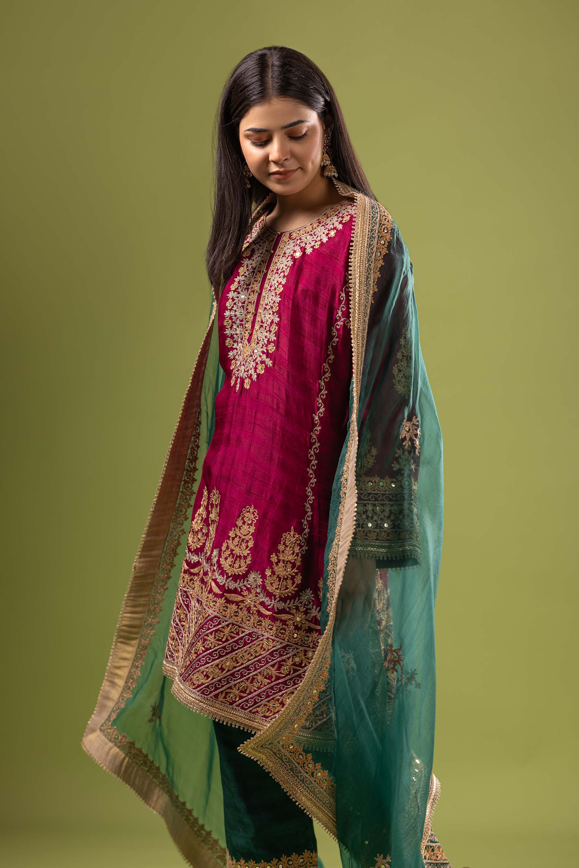 Maroon and green raw silk suit set