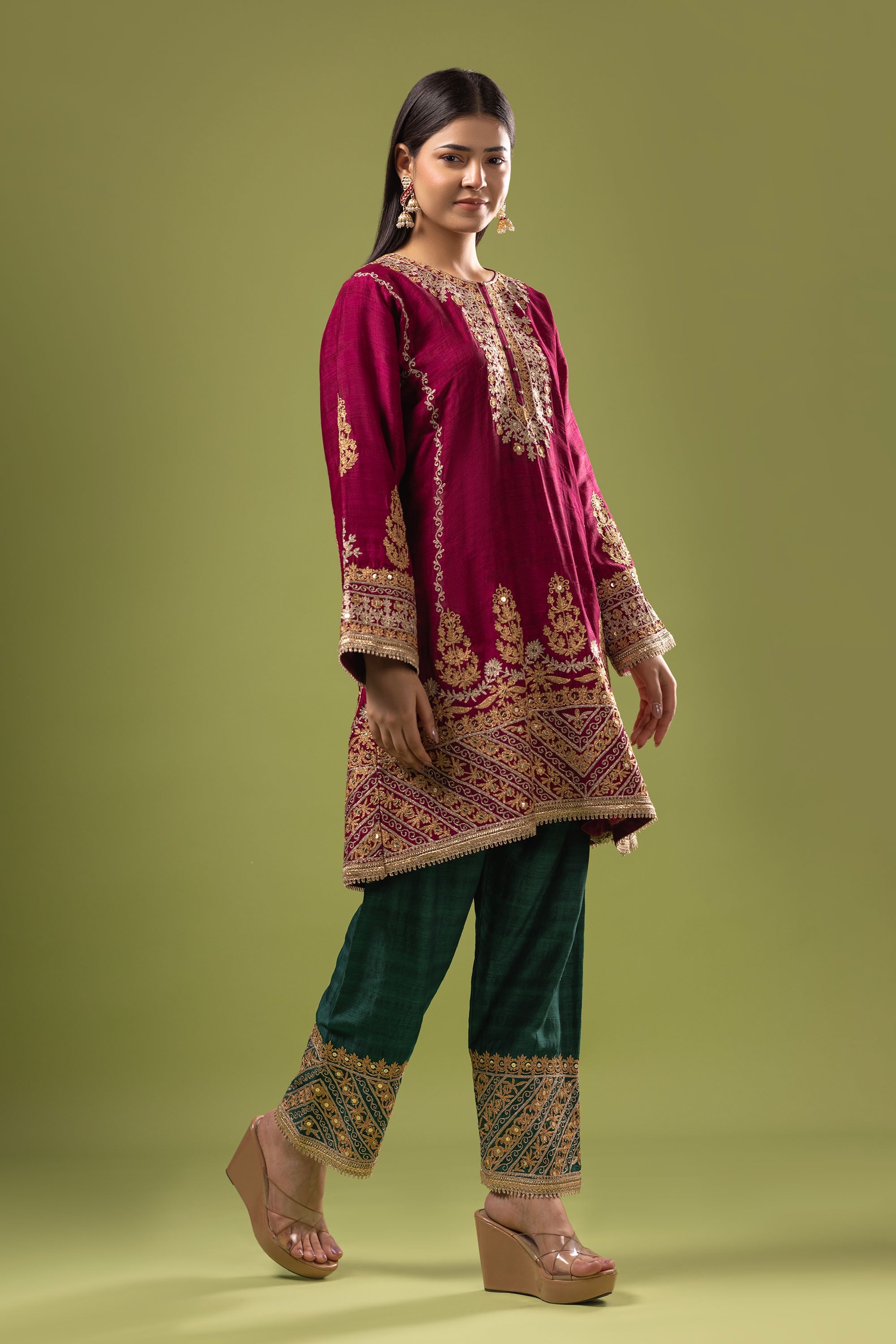 Maroon and green raw silk suit set