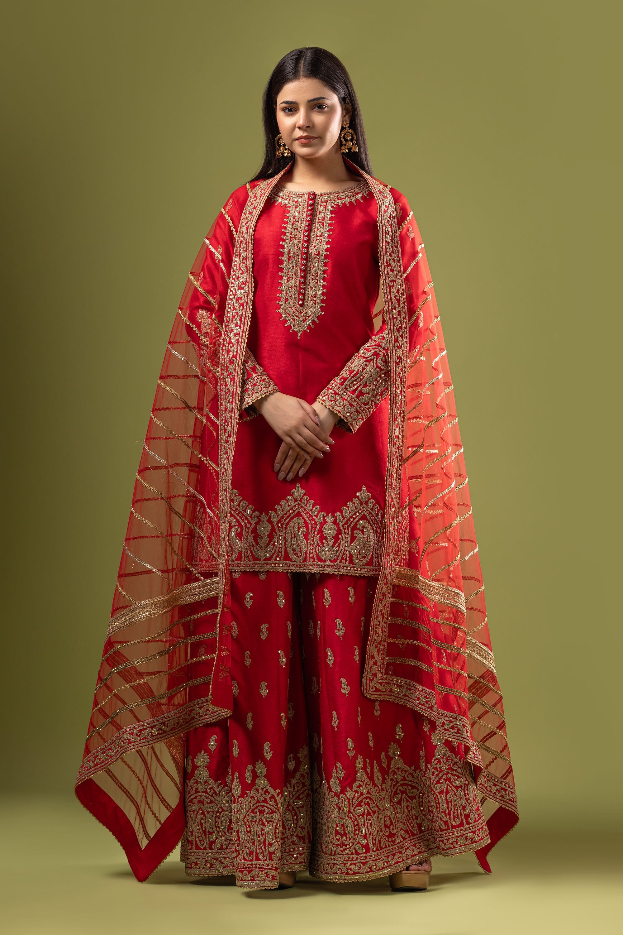 Red raw silk short shirt with sharara