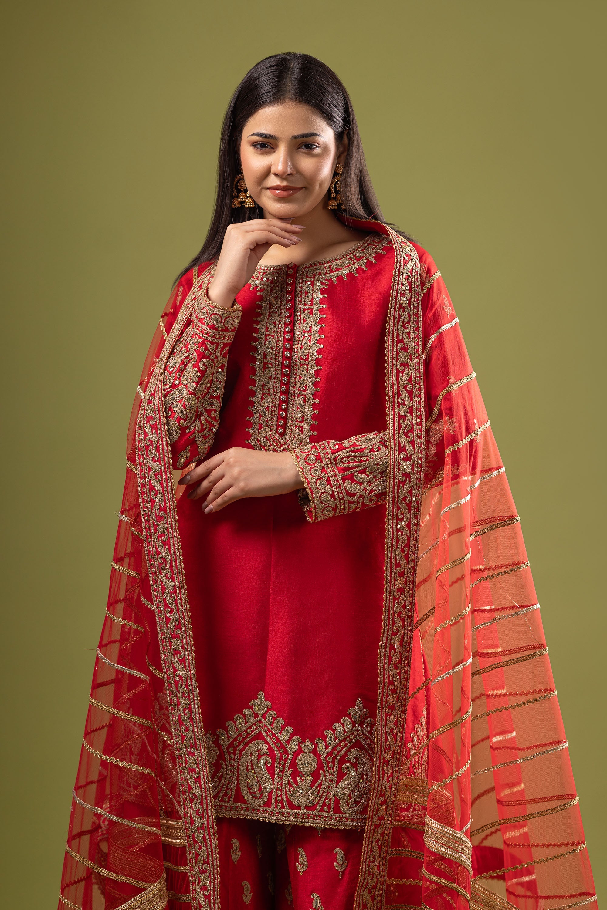 Red raw silk short shirt with sharara