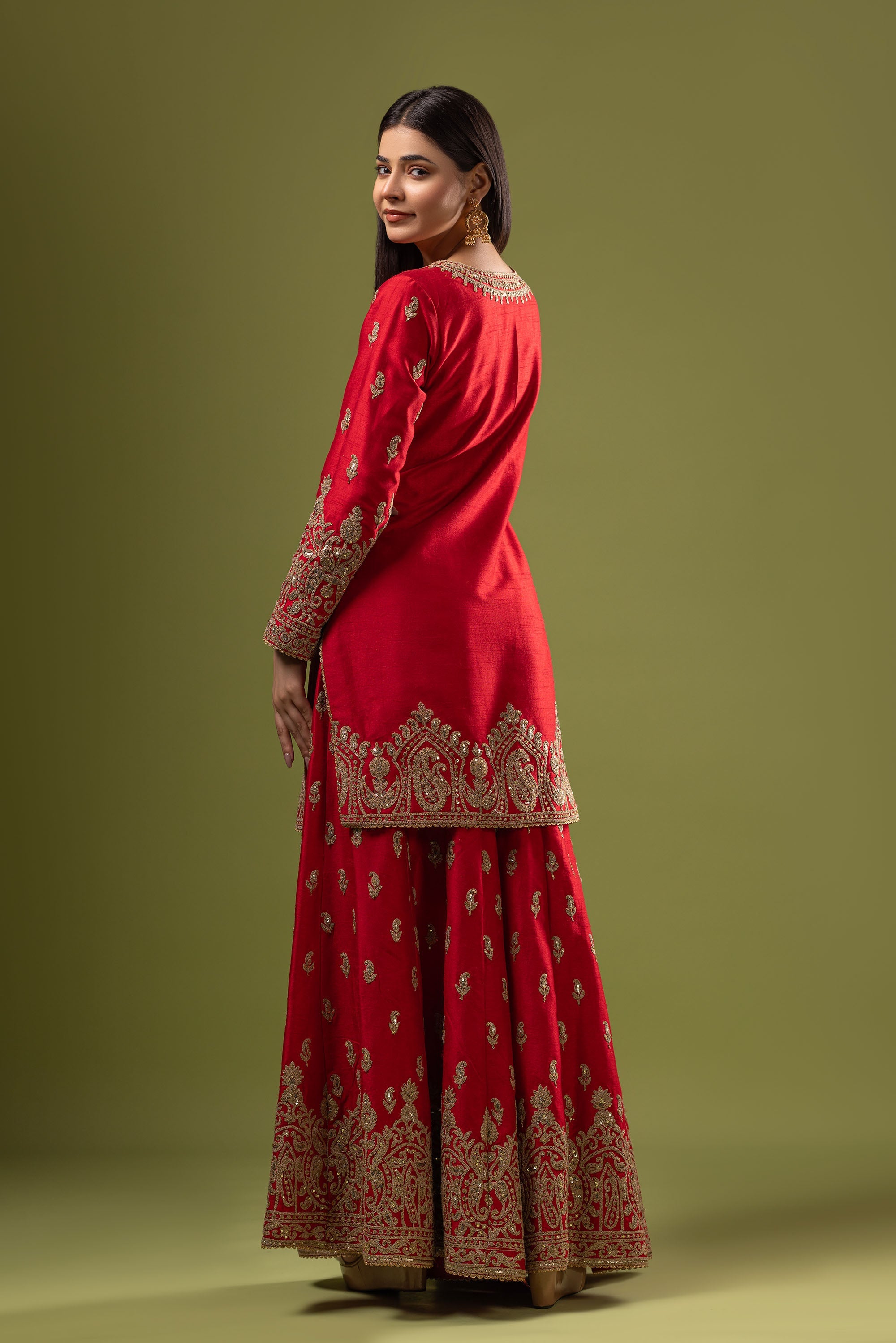 Red raw silk short shirt with sharara
