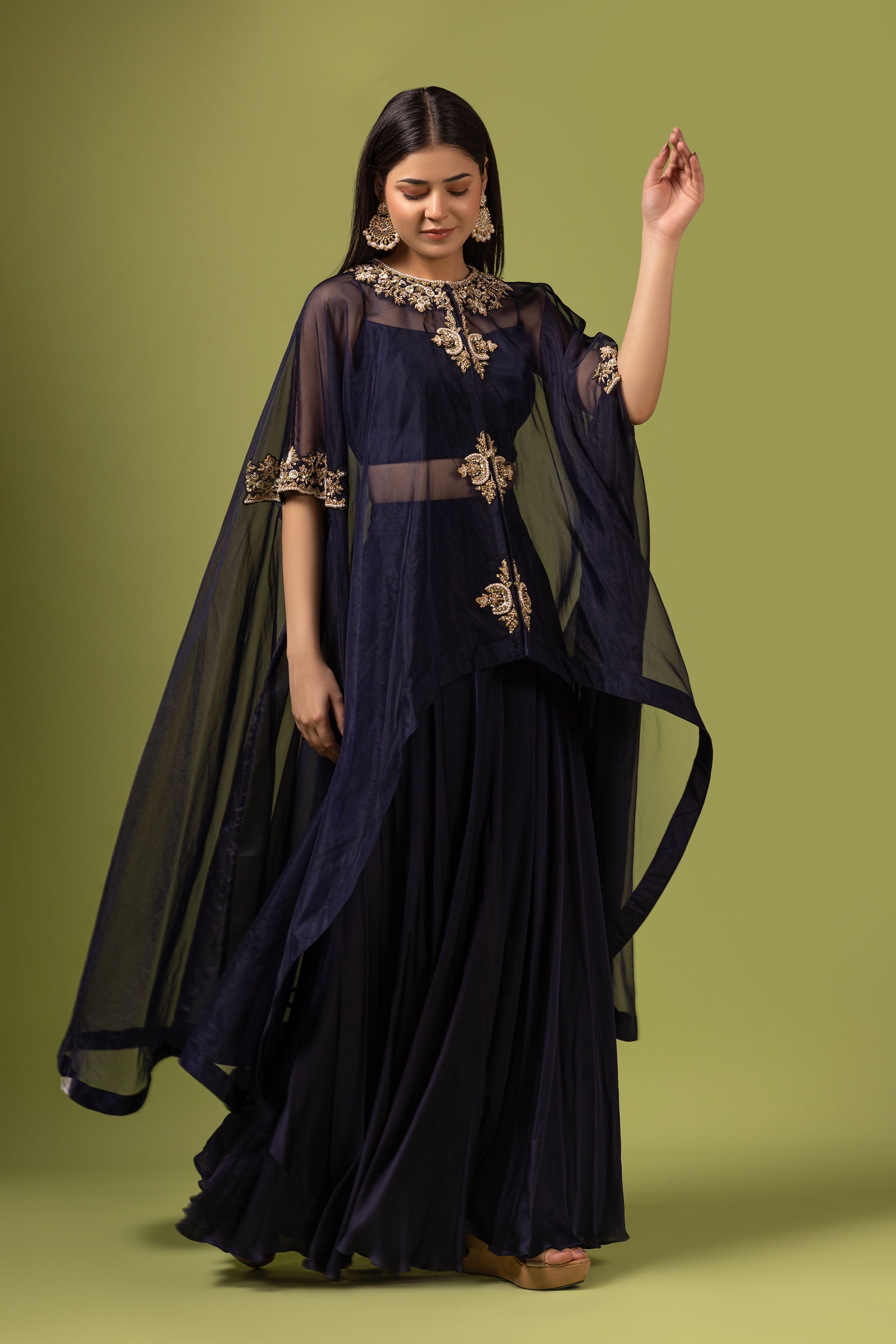 Navy blue poncho with bustier and sharara