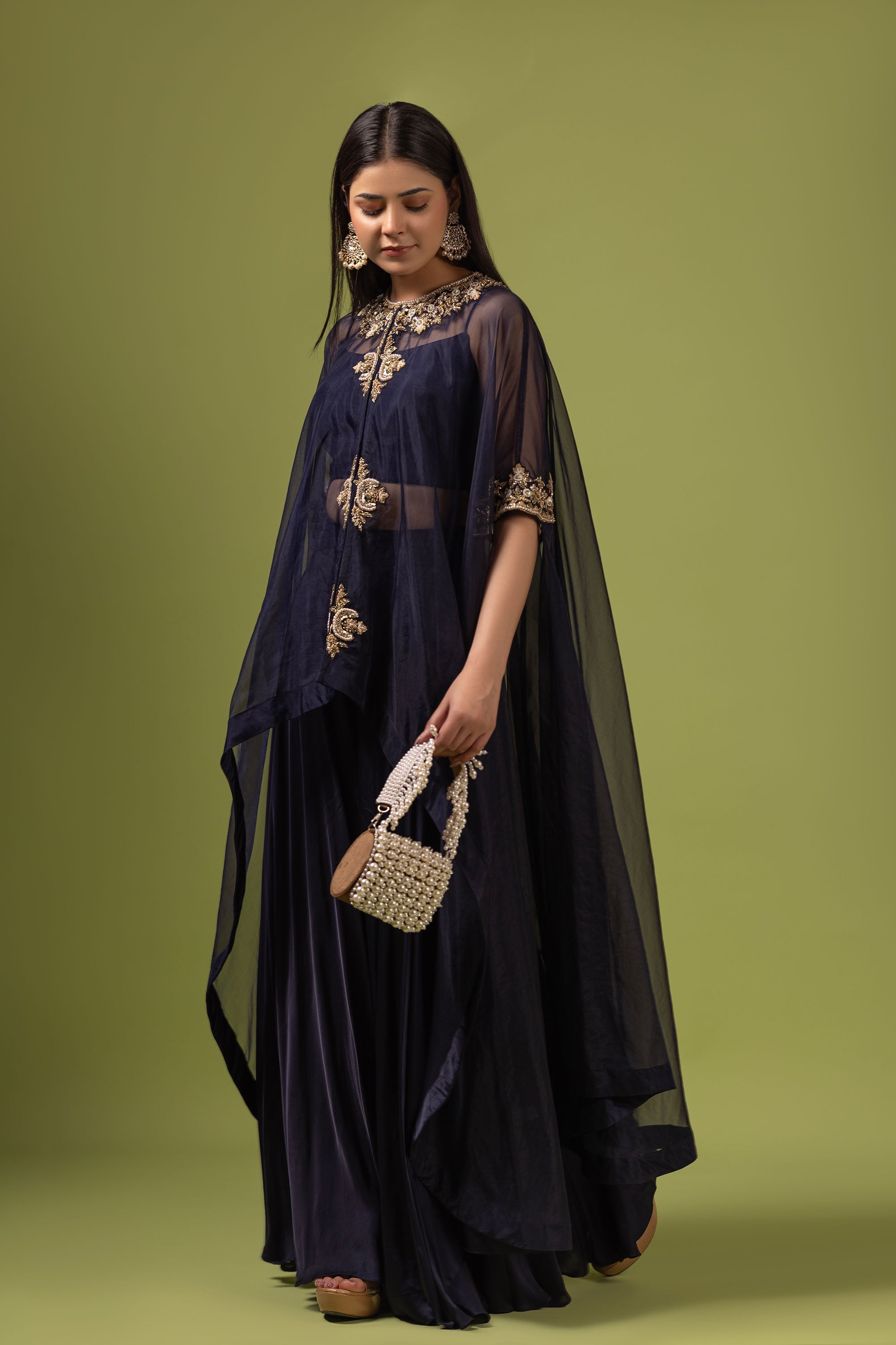 Navy blue poncho with bustier and sharara