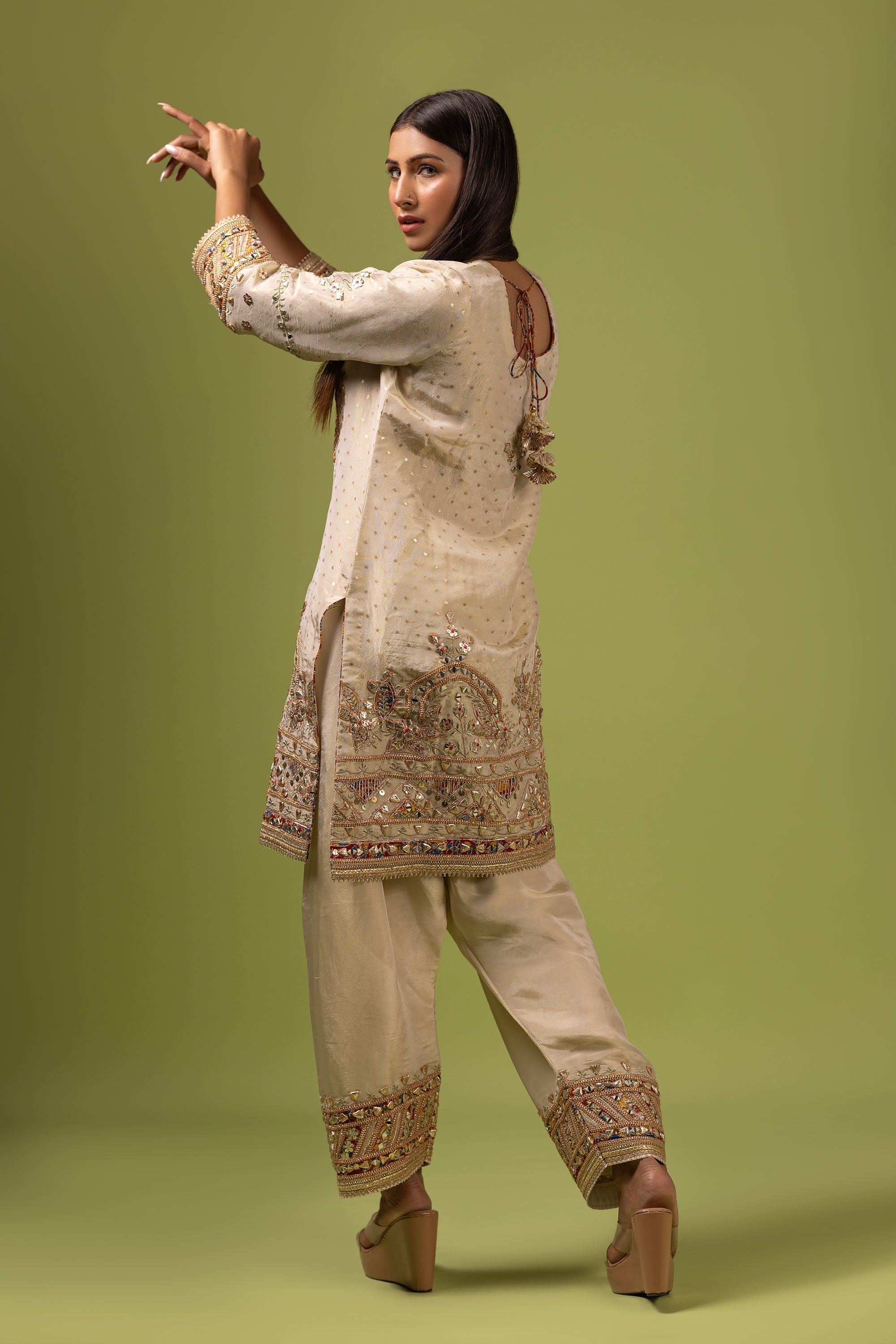 Ivory banarasi silk suit with gota