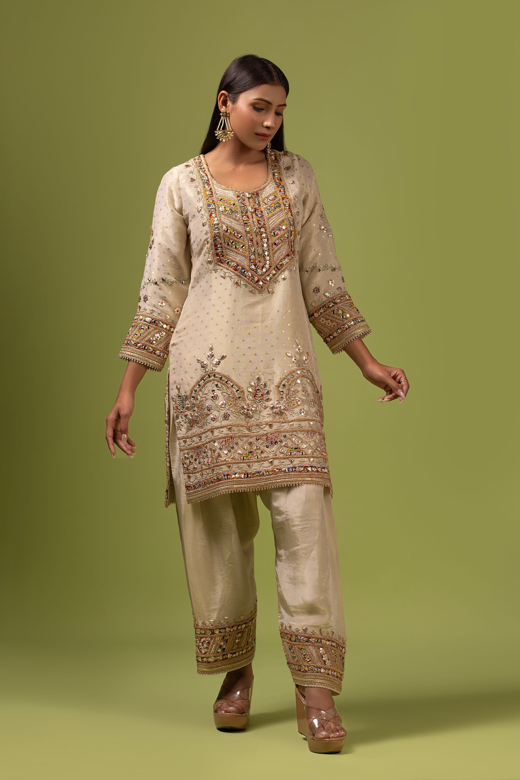 Ivory banarasi silk suit with gota