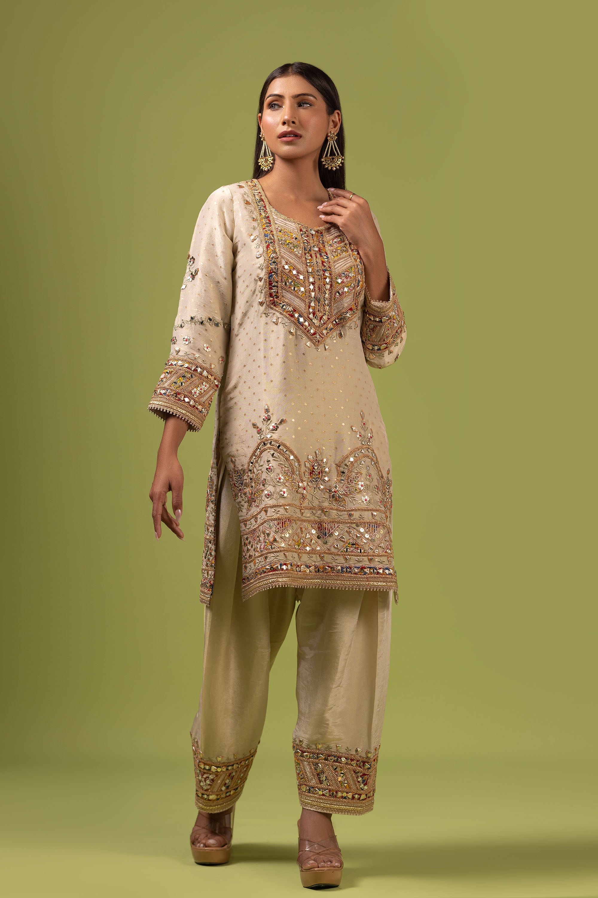 Ivory banarasi silk suit with gota