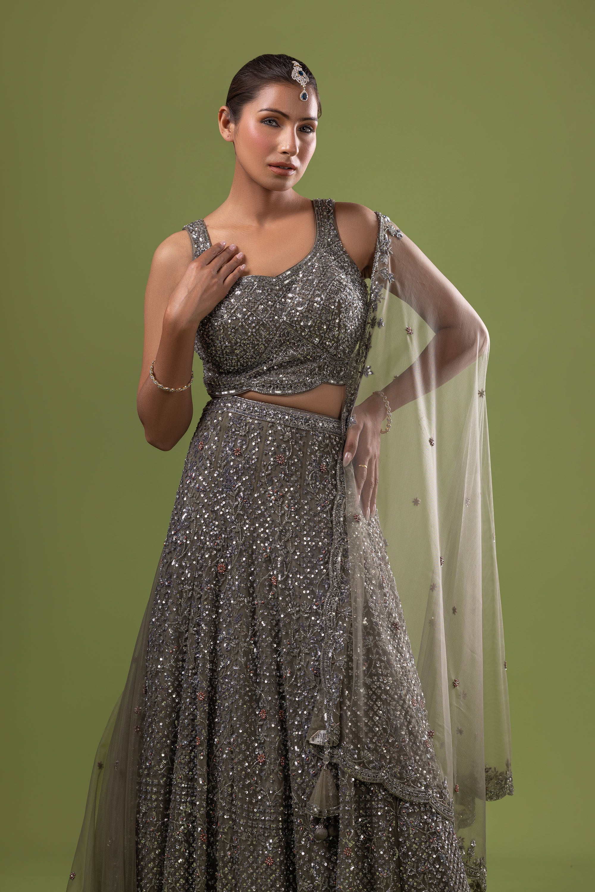 Fern green crop top skirt with dupatta