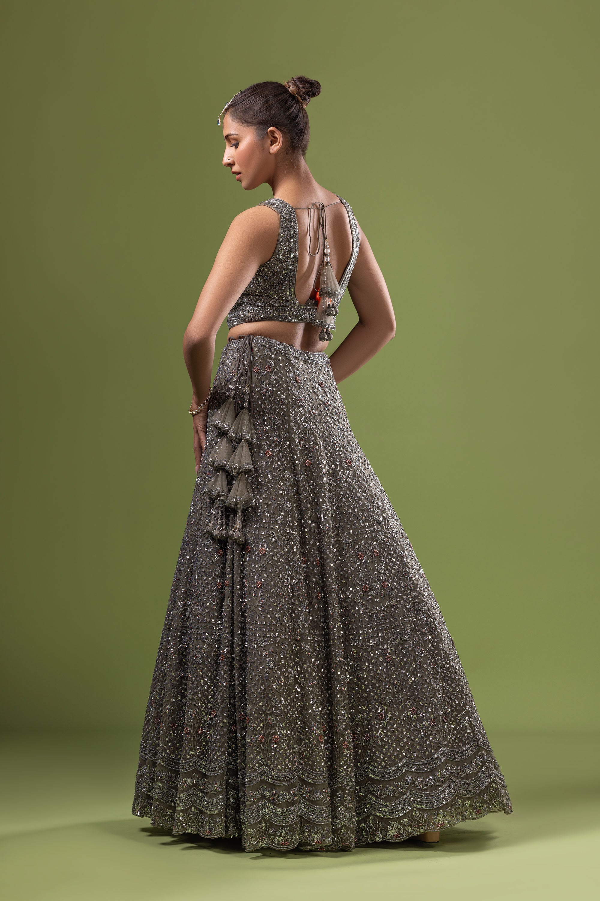 Fern green crop top skirt with dupatta