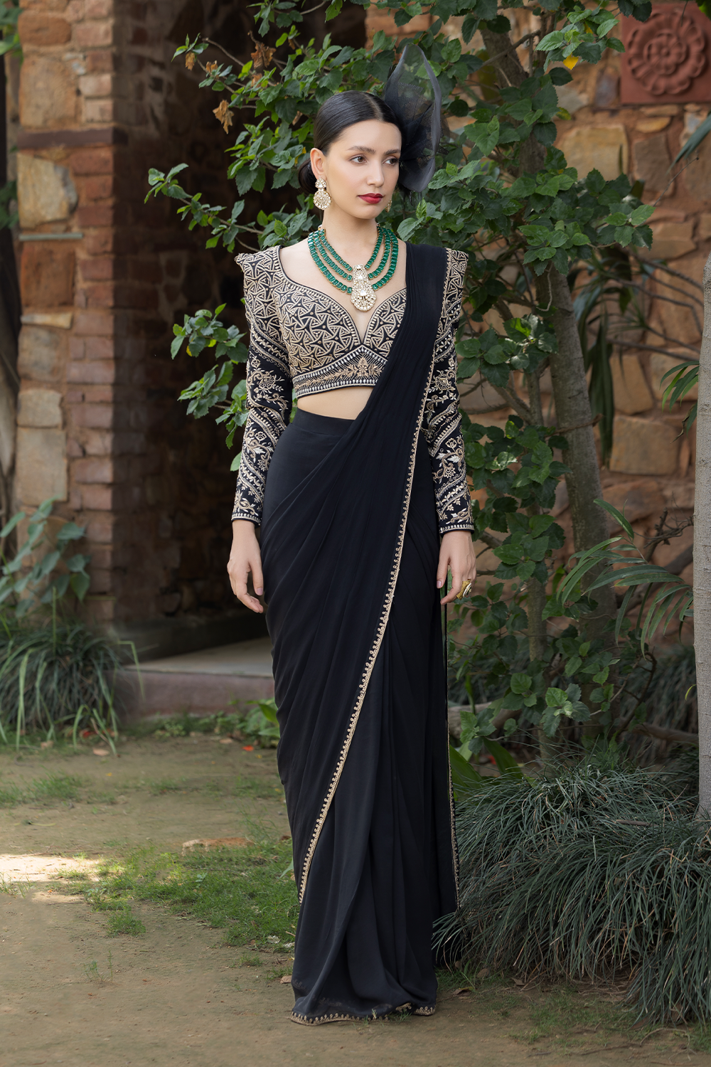 Shaahi Lehza Stitched Pleat Saree & Blouse Ensemble