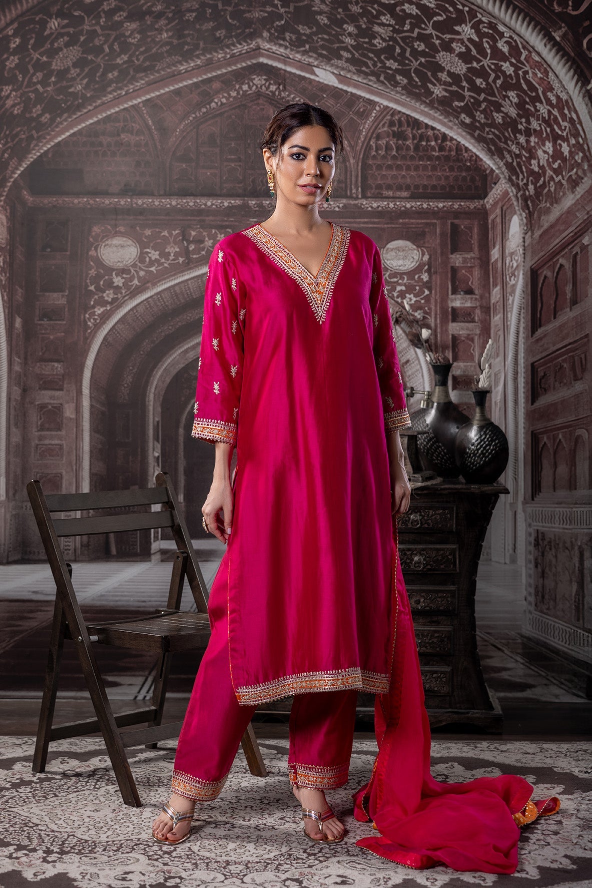 Shola Pink Chanderi Kurta Set