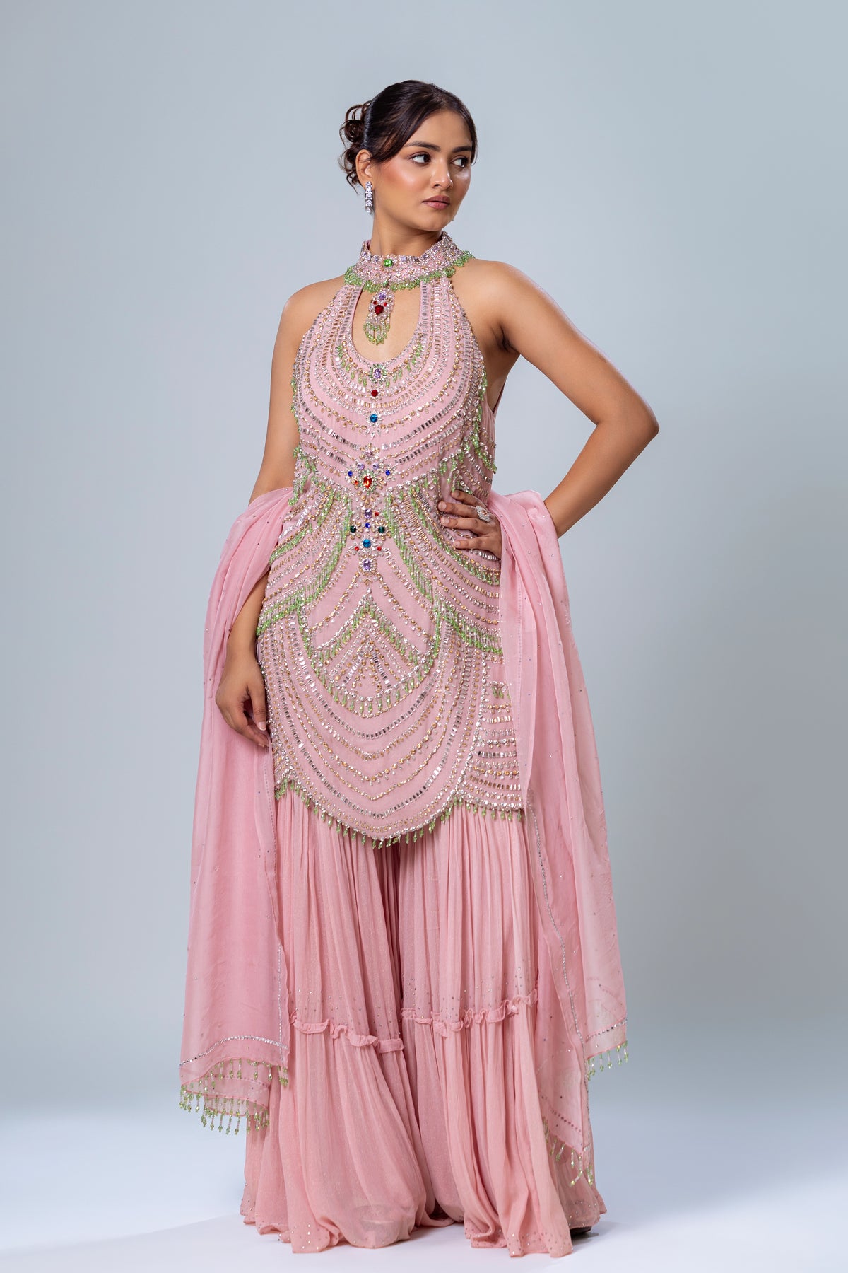 Zariya Blush Berry Halter Sharara Set