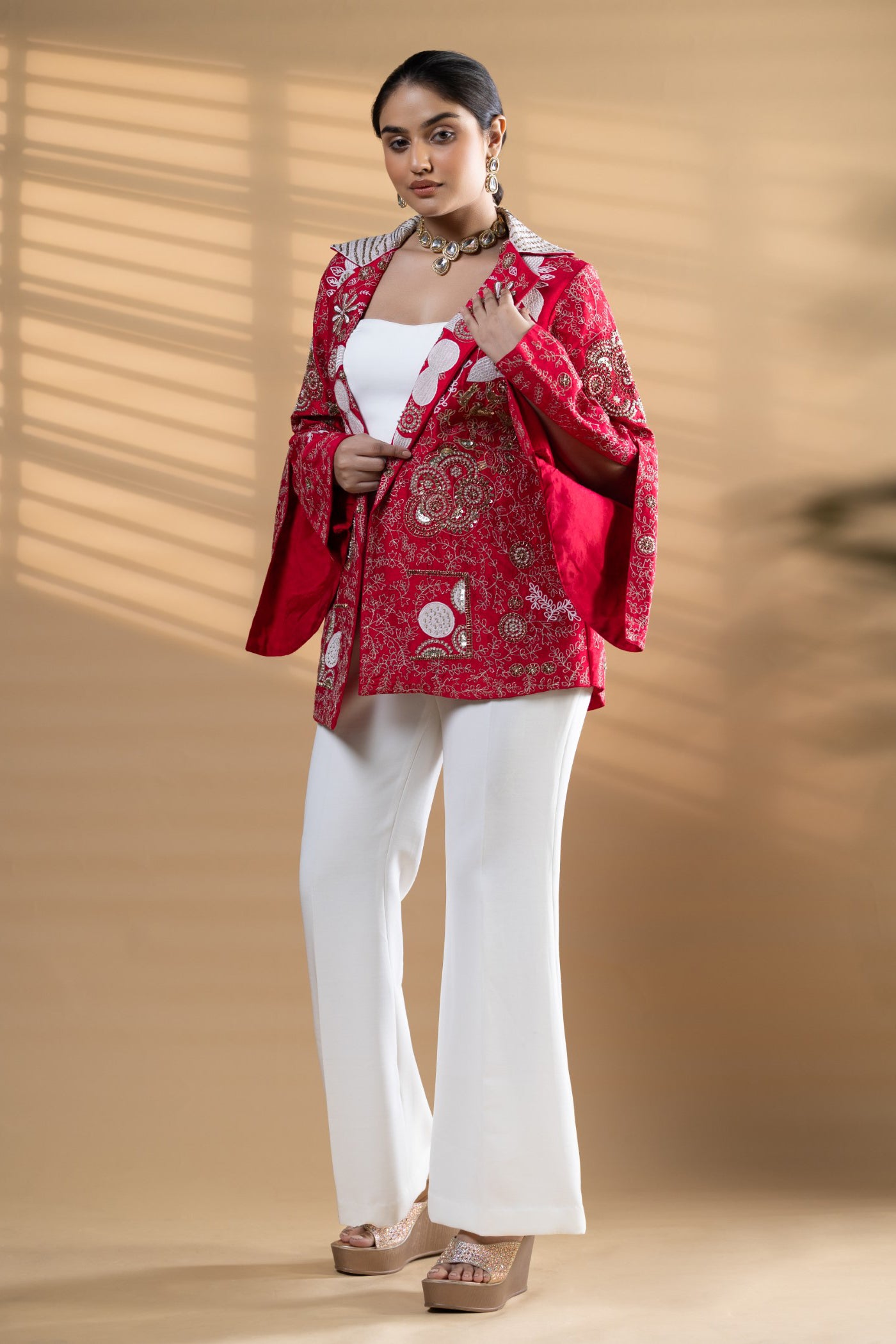 Magenta raw silk Embroidered Jacket set