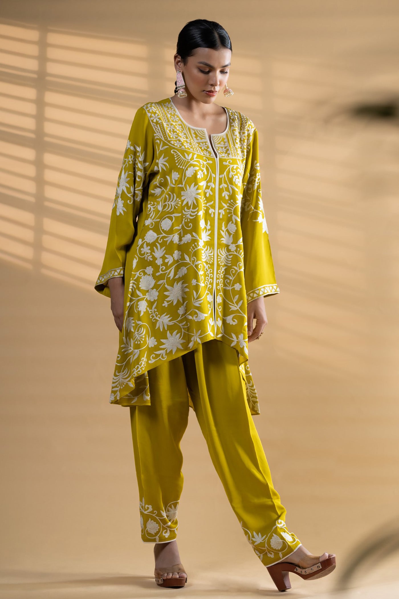 Lime green aari Embroidered Georgette Co-Ord Set