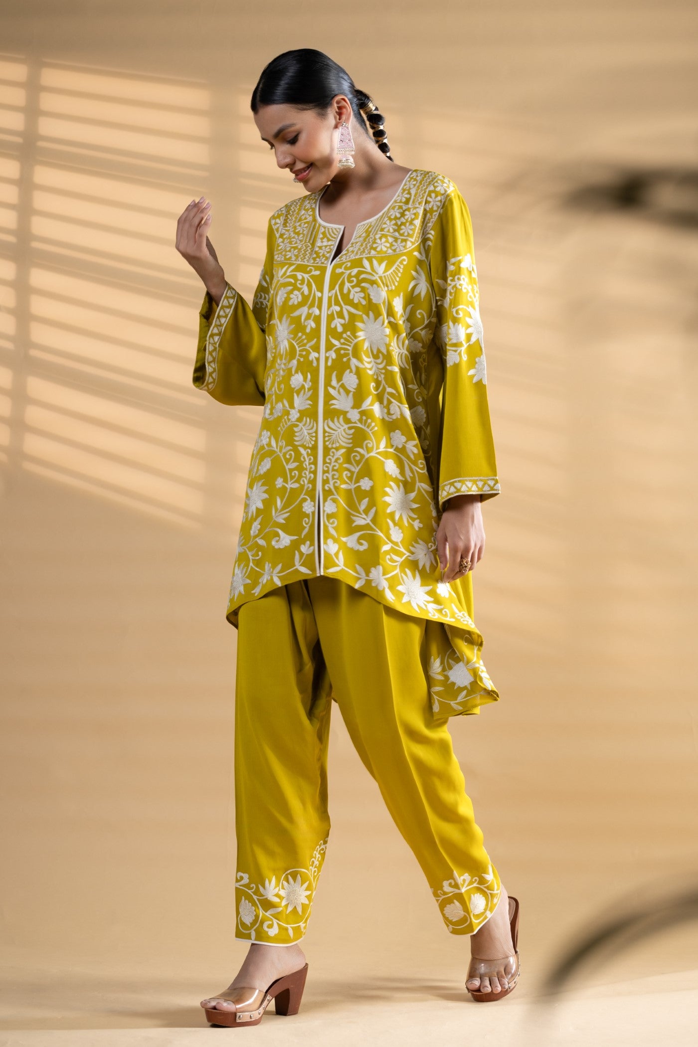 Lime green aari Embroidered Georgette Co-Ord Set