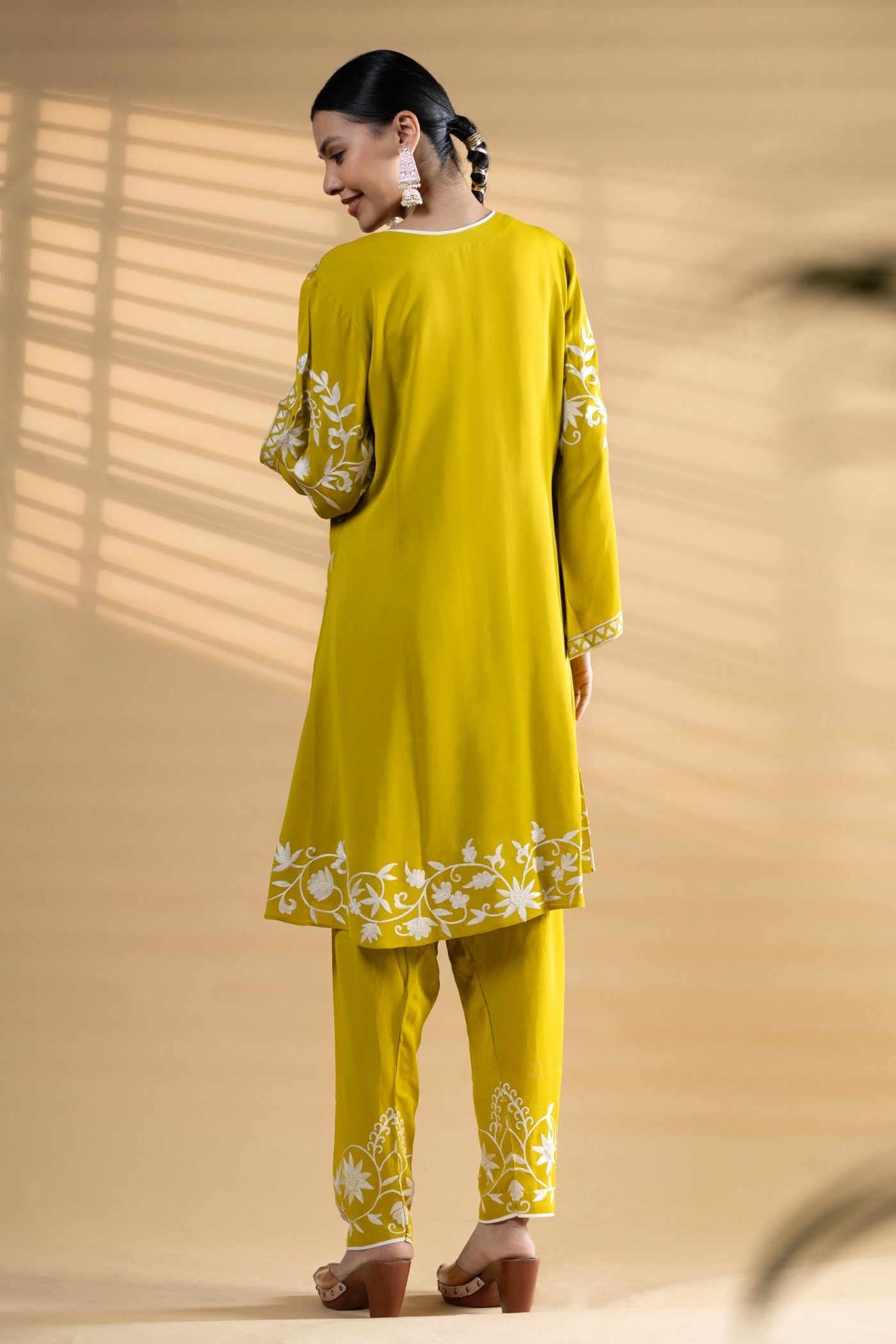 Lime green aari Embroidered Georgette Co-Ord Set