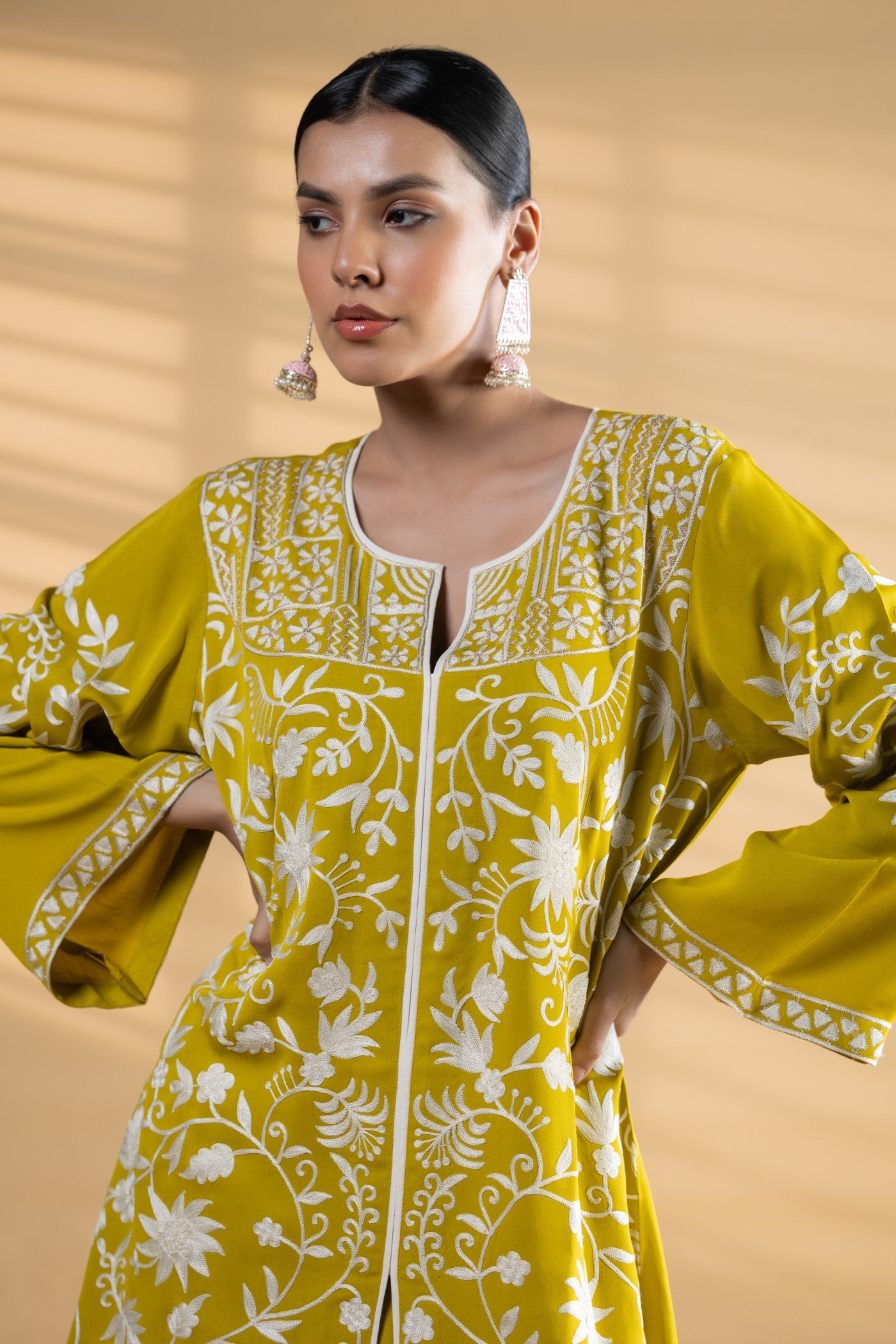 Lime green aari Embroidered Georgette Co-Ord Set