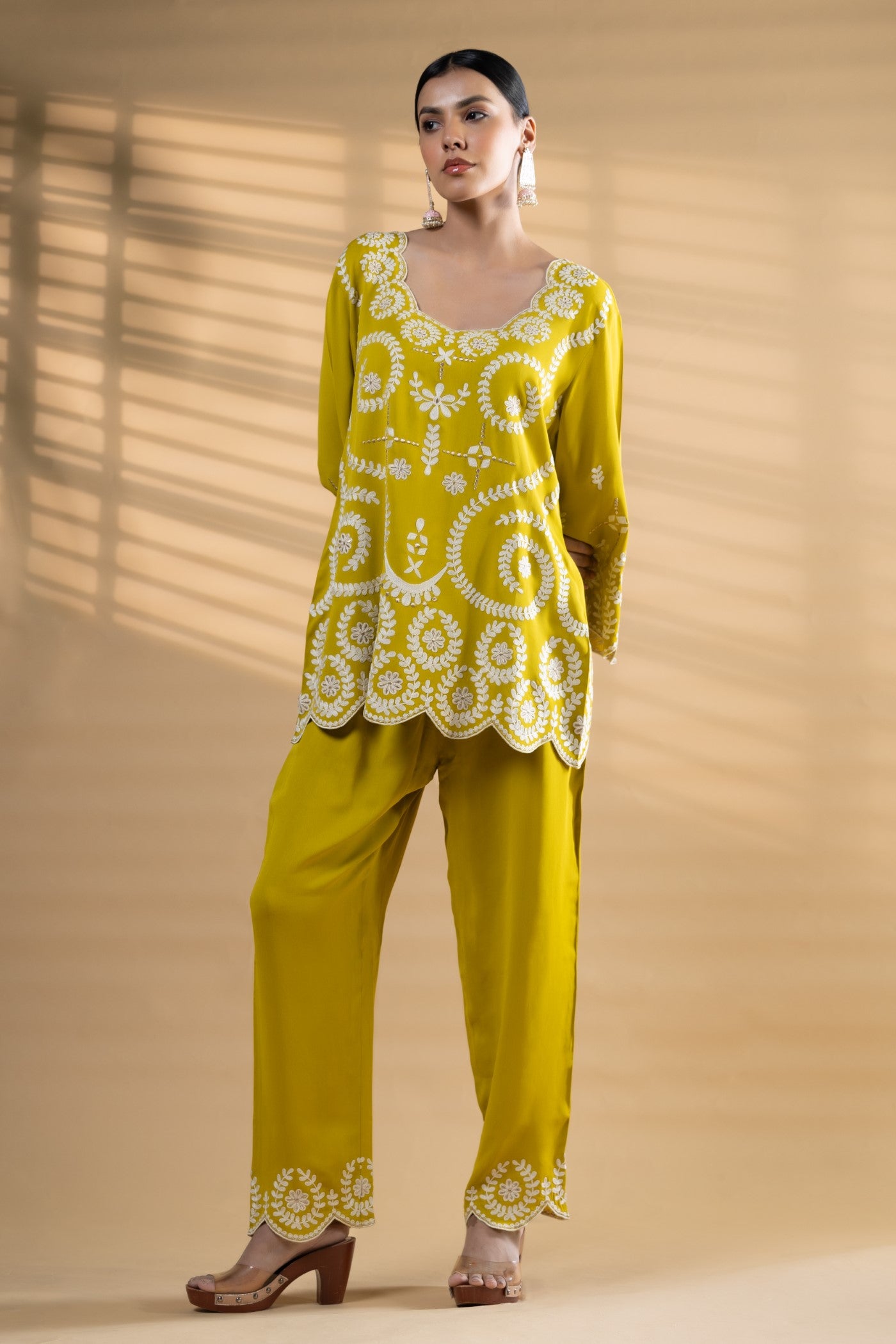 Lime Green aari Embroidered Georgette Co-Ord Set