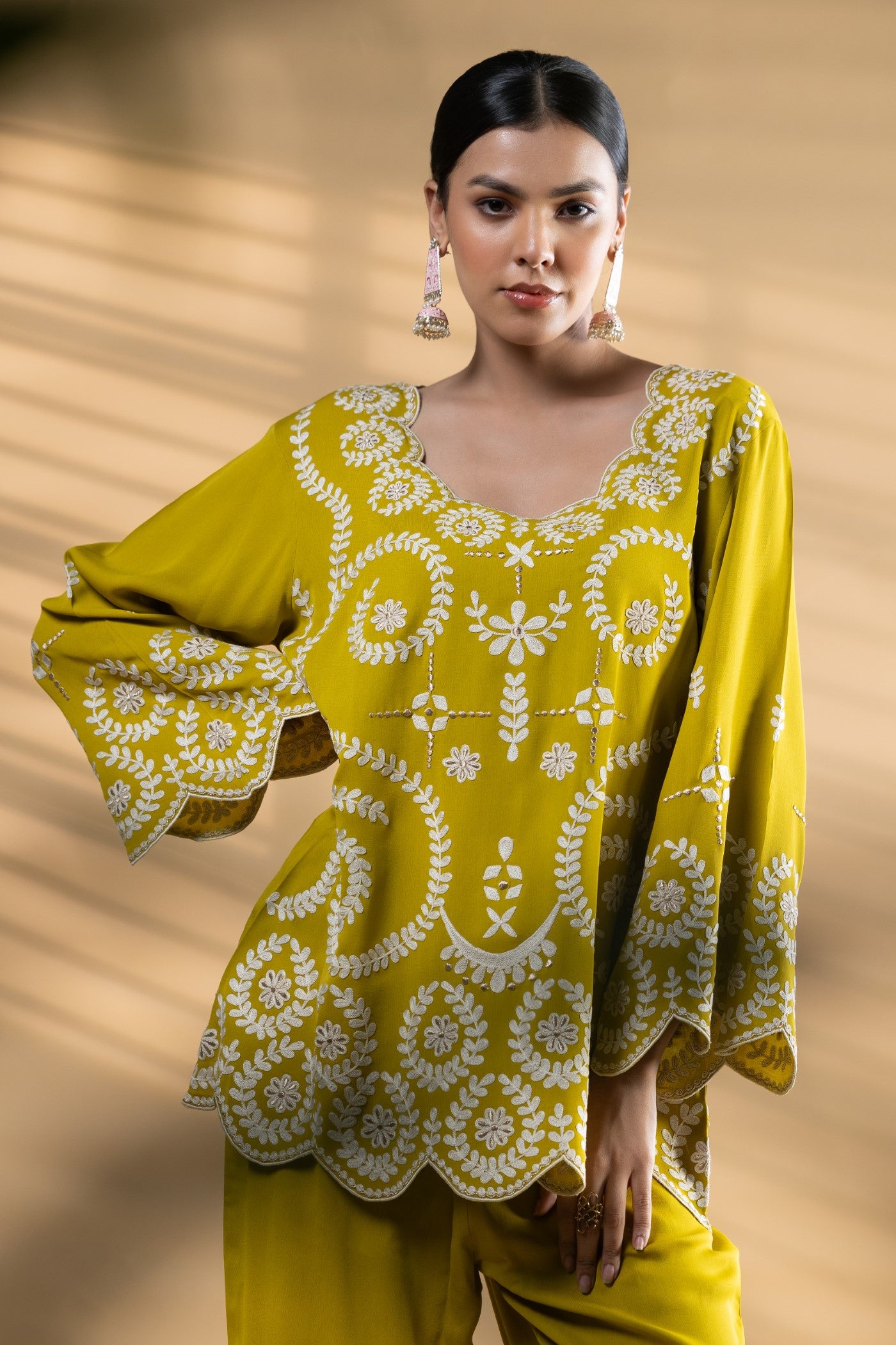 Lime Green aari Embroidered Georgette Co-Ord Set