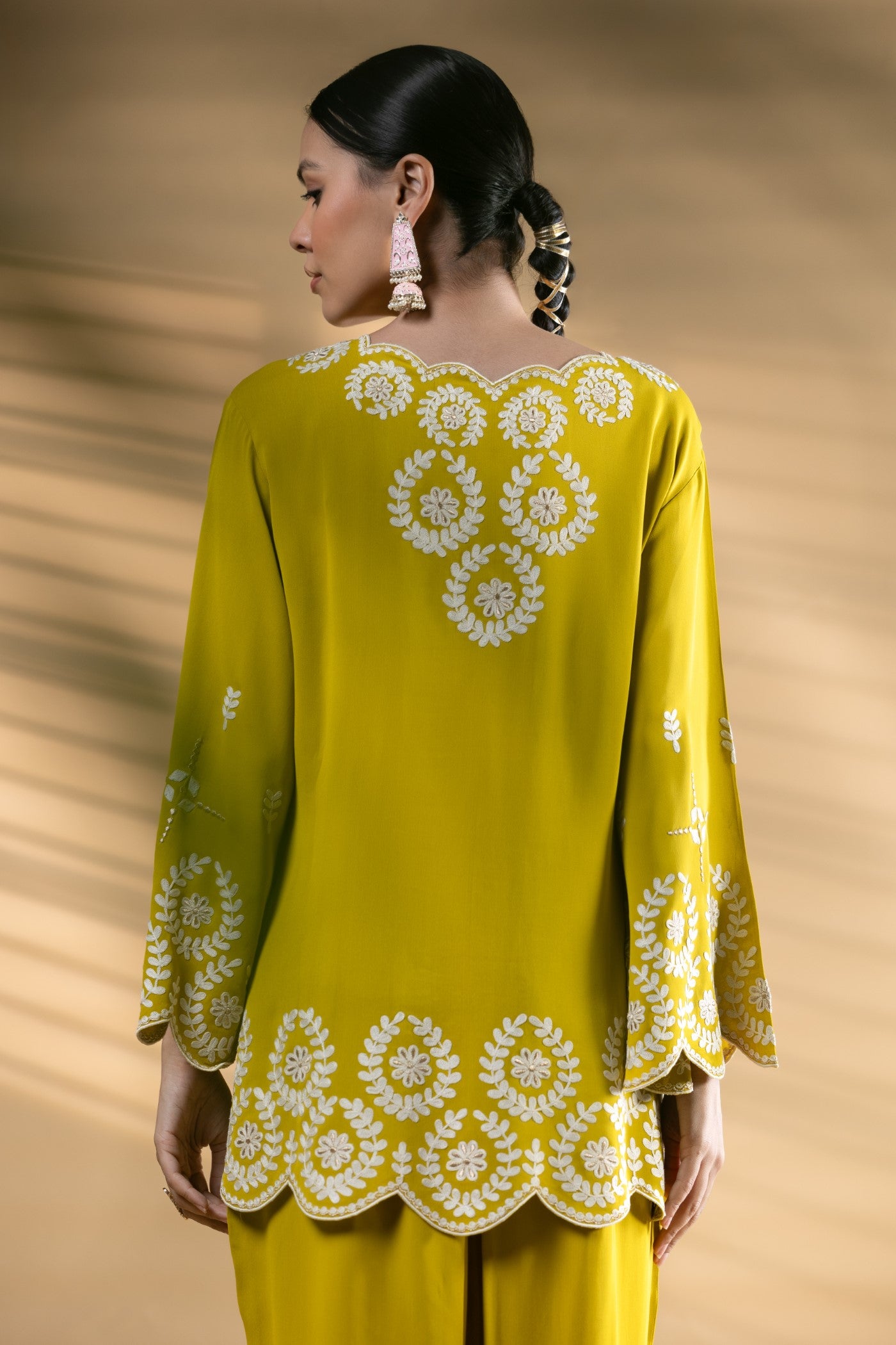 Lime Green aari Embroidered Georgette Co-Ord Set