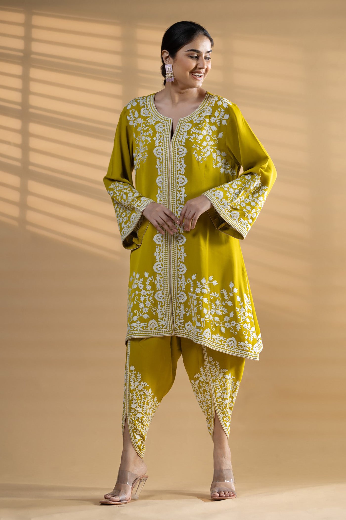 Lime Green aari Embroidered Georgette Co-Ord Set