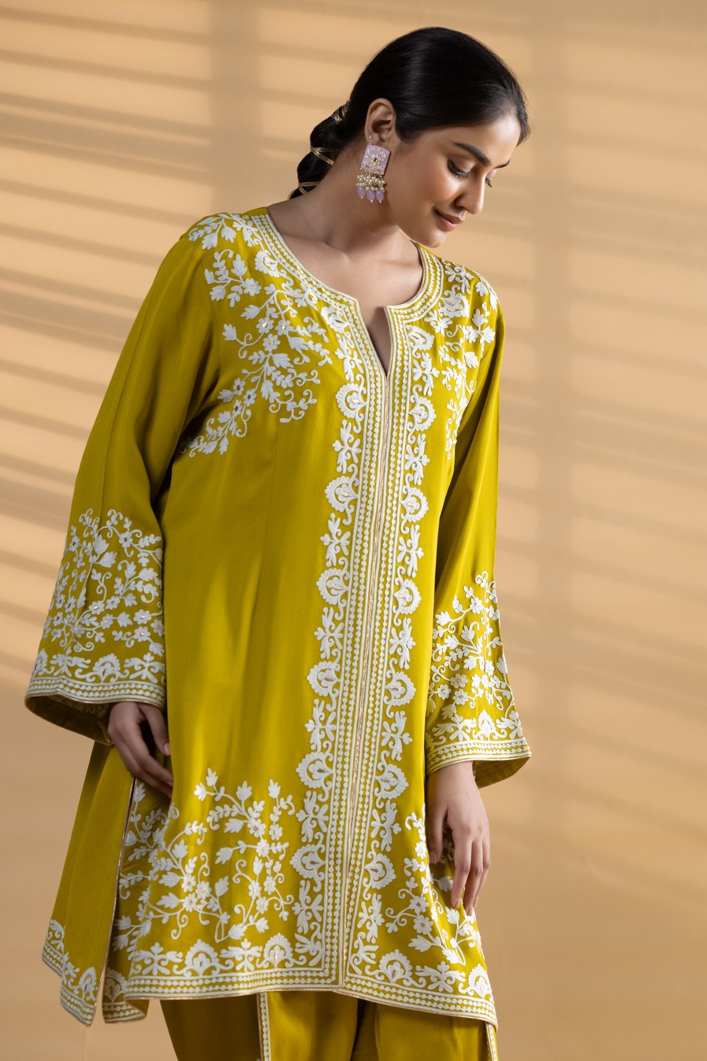 Lime Green aari Embroidered Georgette Co-Ord Set