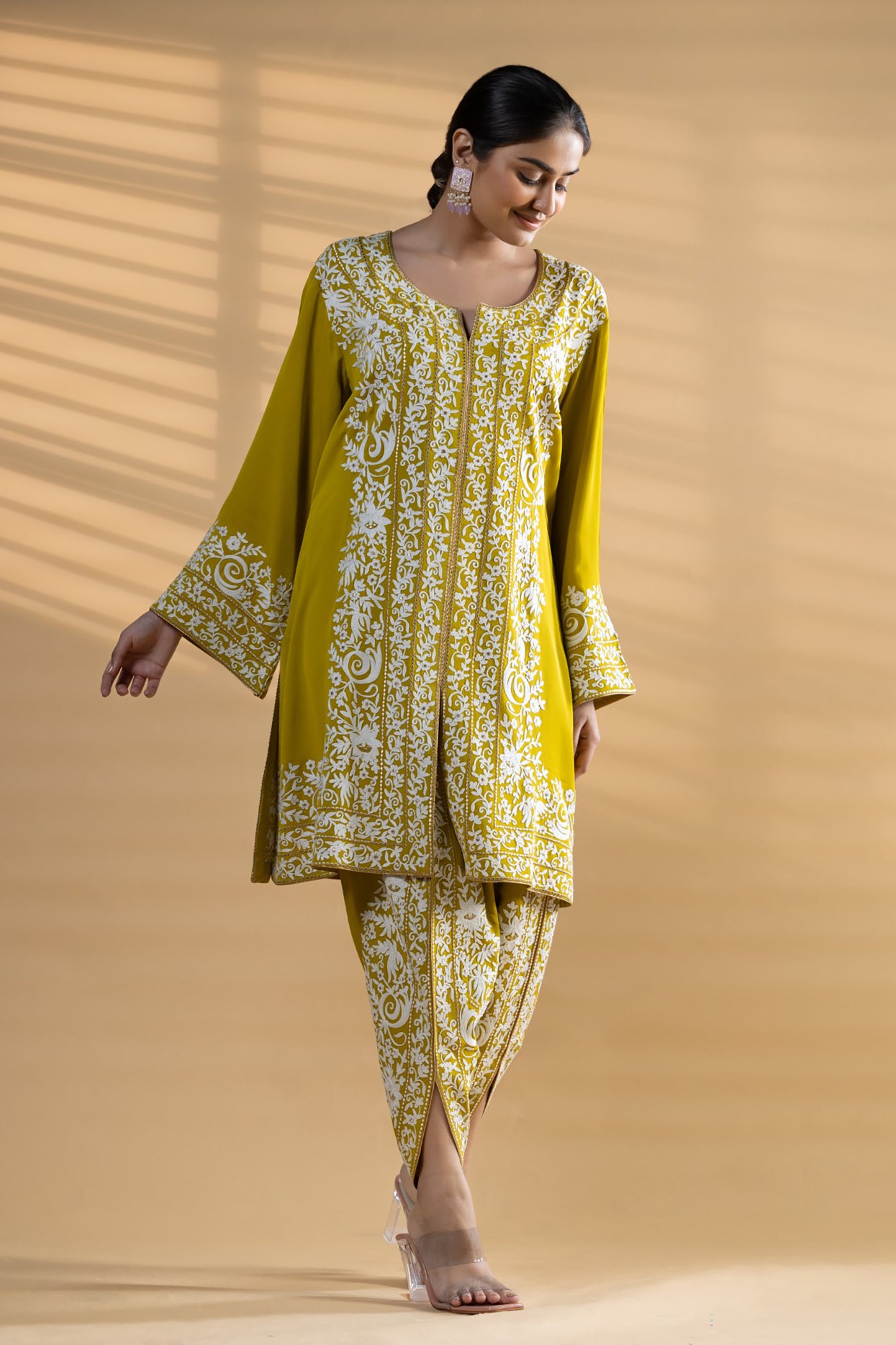 Lime Green aari Embroidered Georgette Co-Ord Set