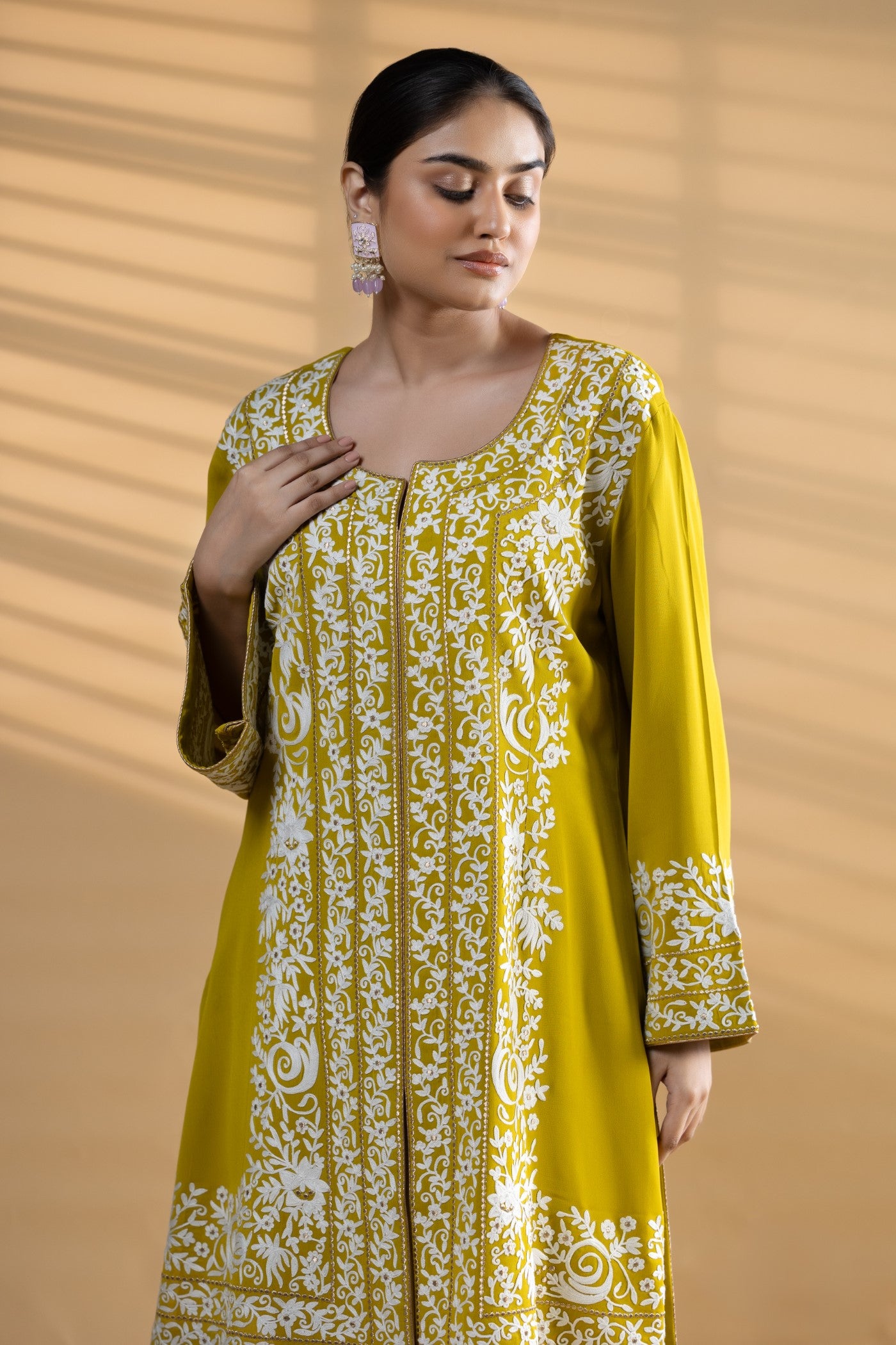 Lime Green aari Embroidered Georgette Co-Ord Set