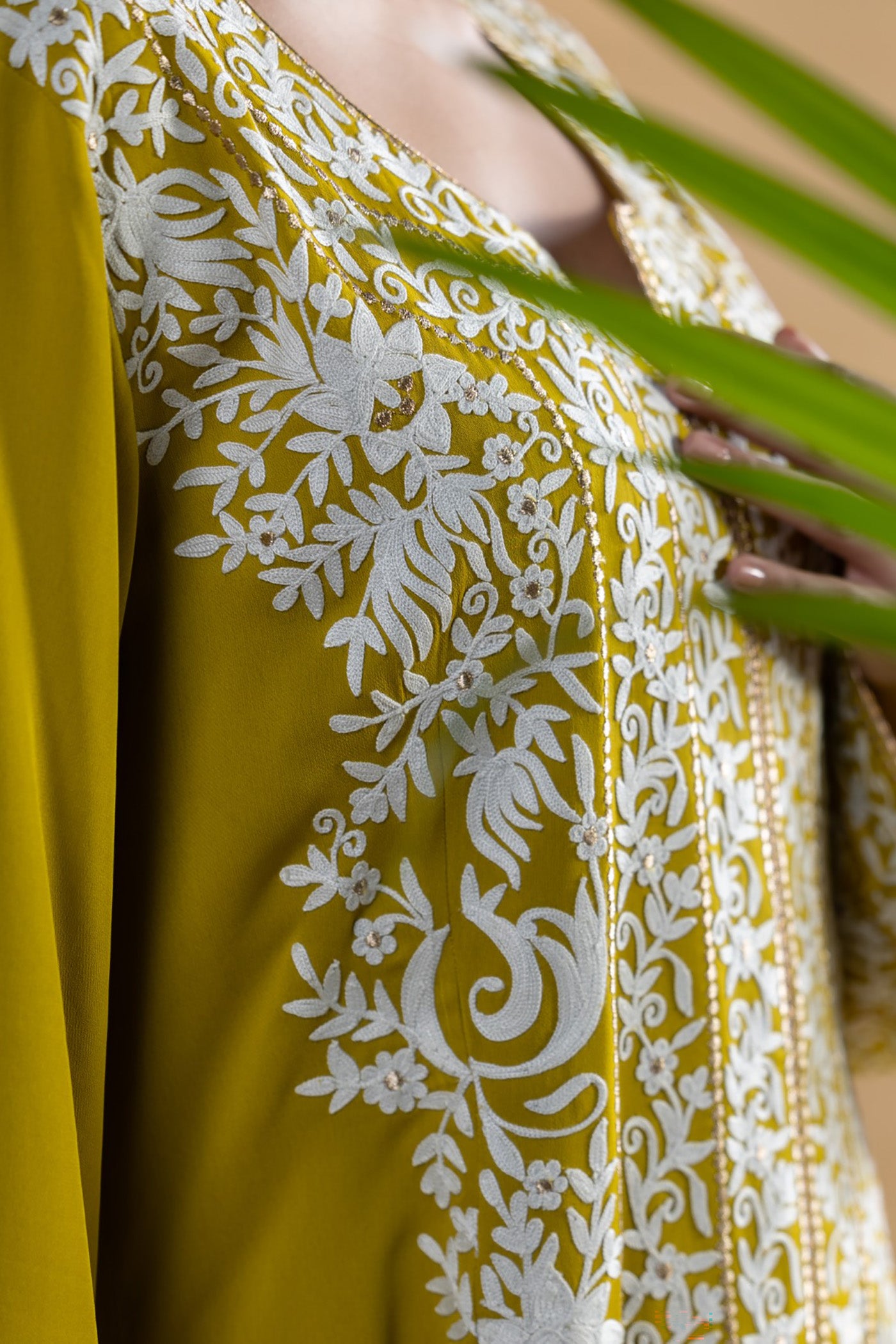 Lime Green aari Embroidered Georgette Co-Ord Set