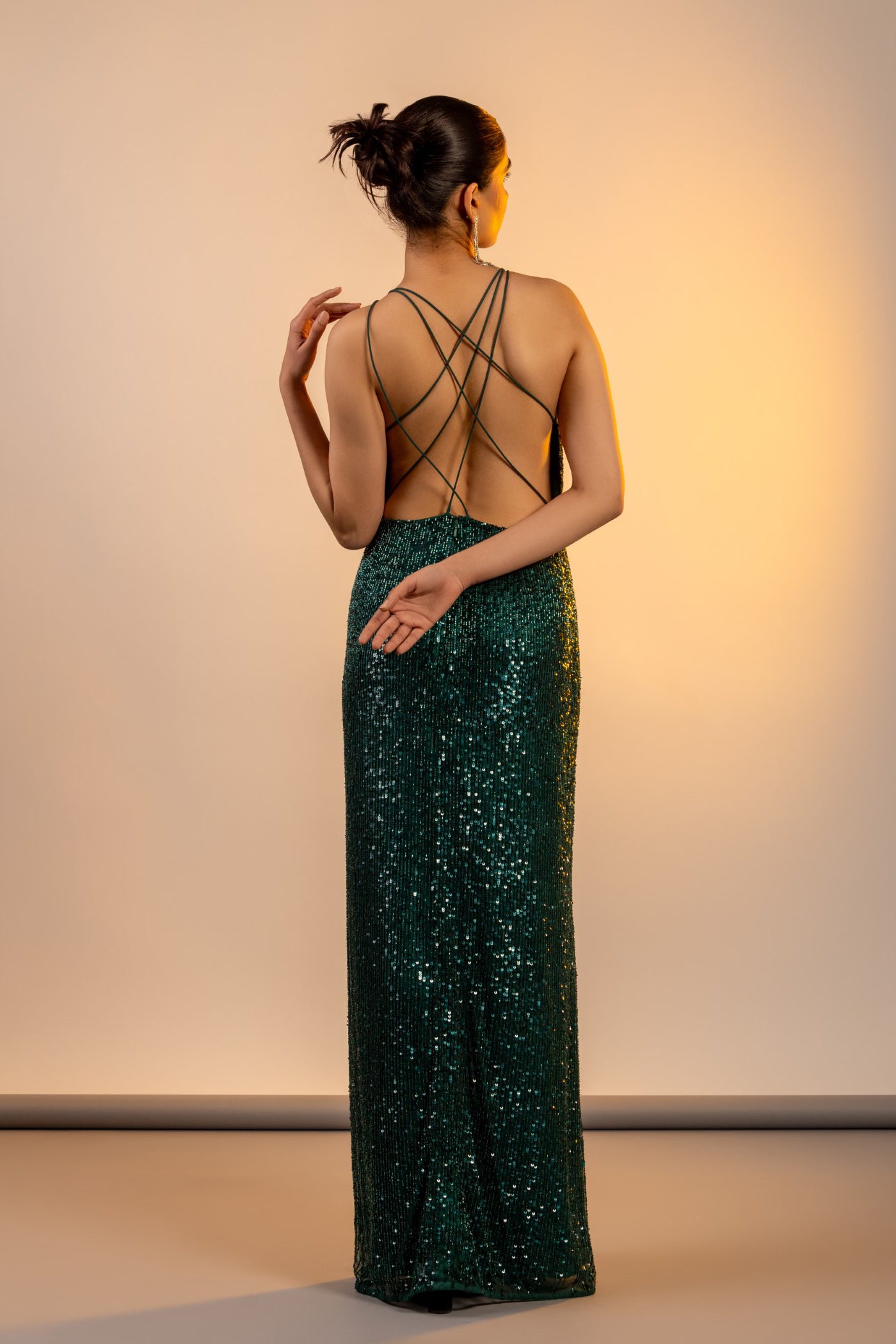 Bottle green net one piece dress with cutdana