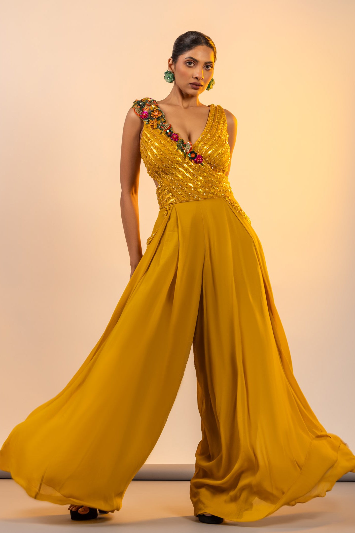 Georgette jumpsuit with mettalic work and crystals