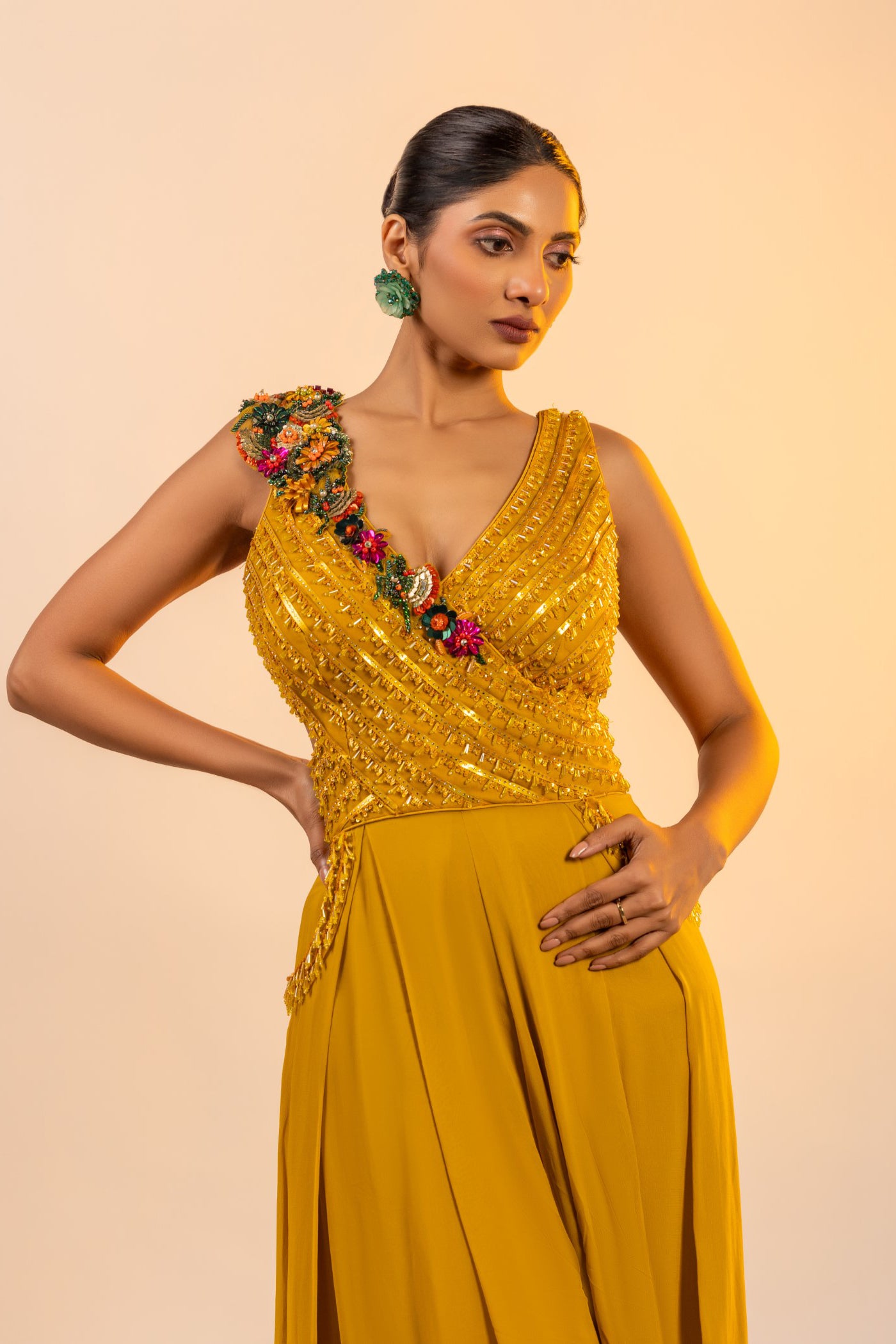 Georgette jumpsuit with mettalic work and crystals