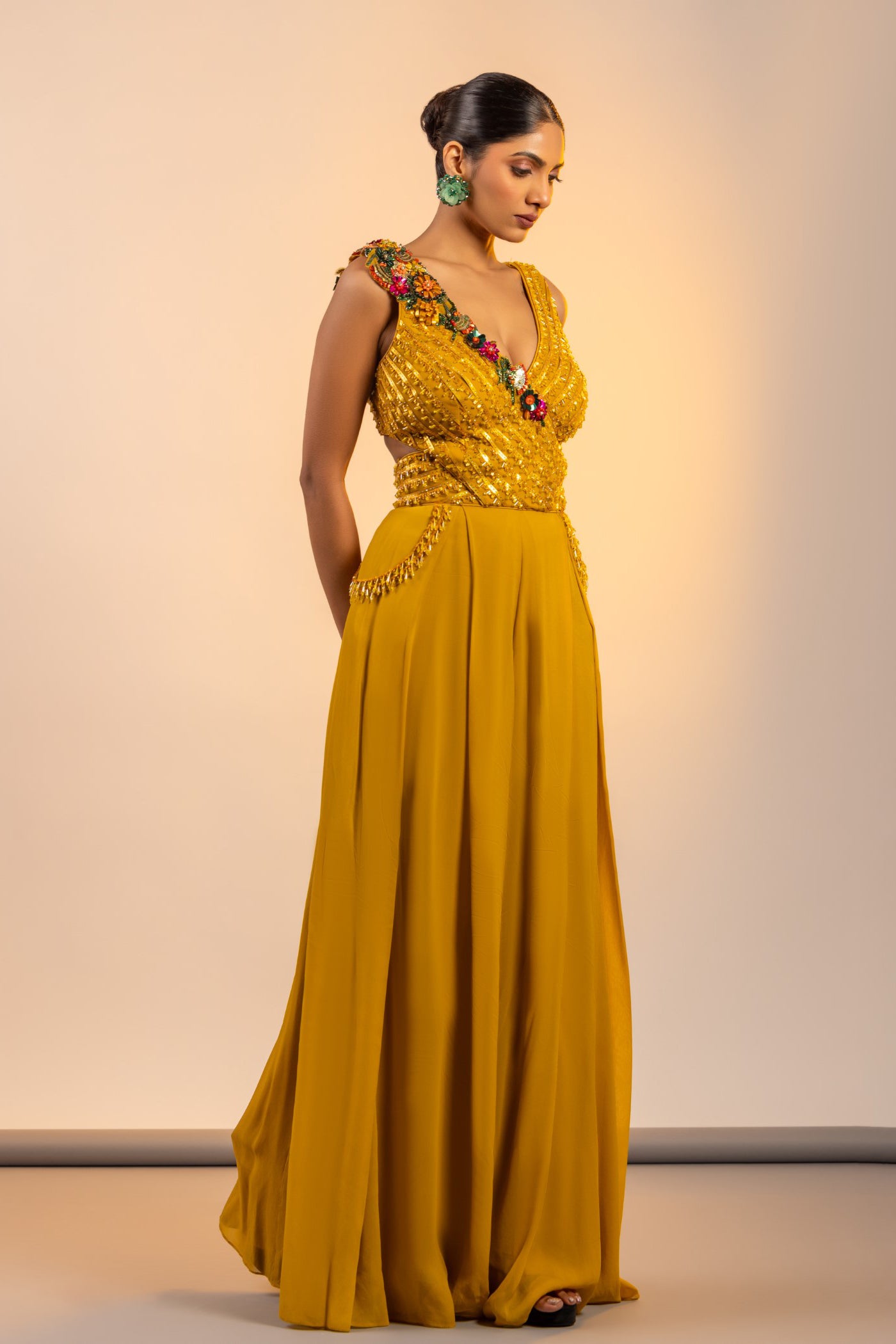 Georgette jumpsuit with mettalic work and crystals