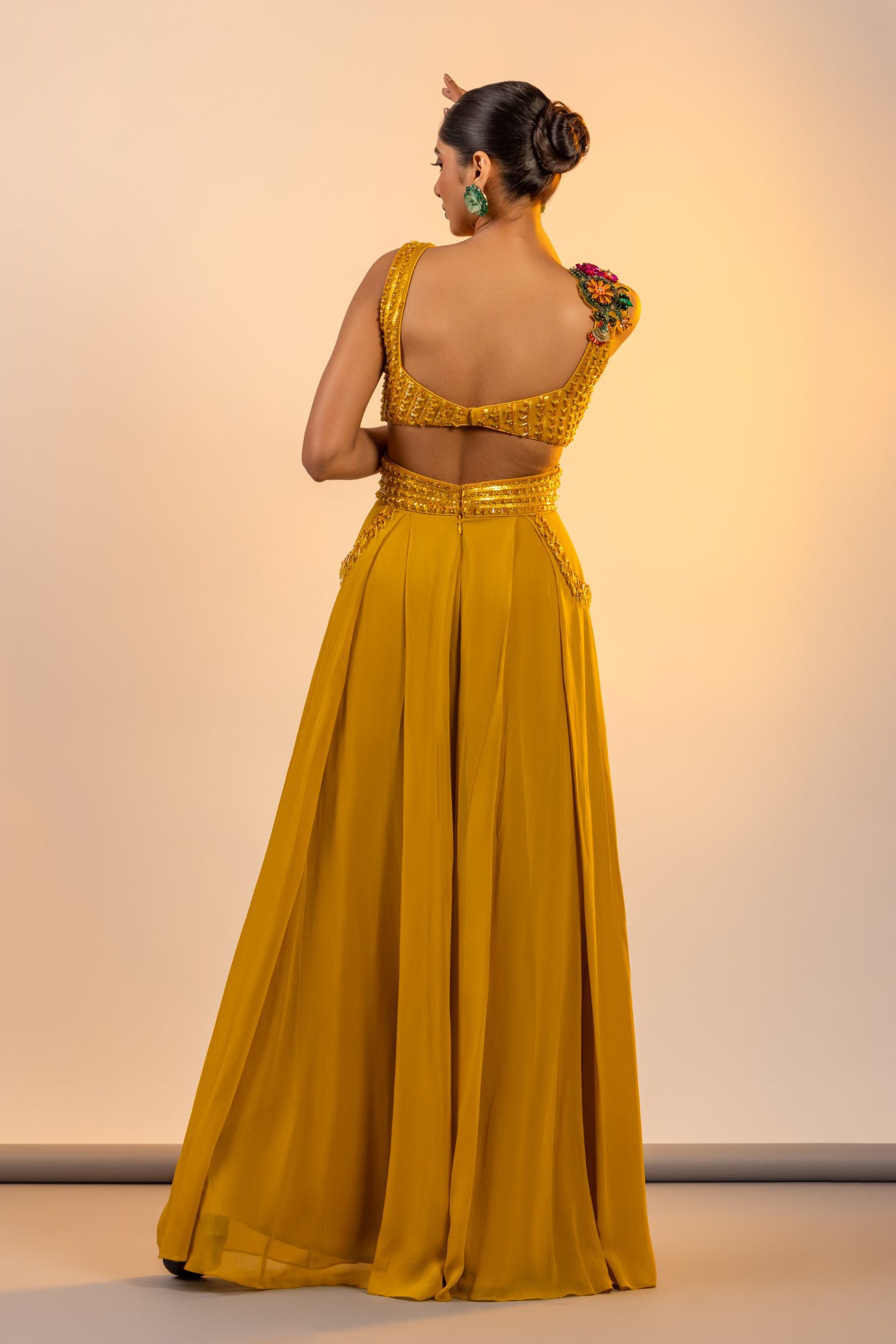Georgette jumpsuit with mettalic work and crystals